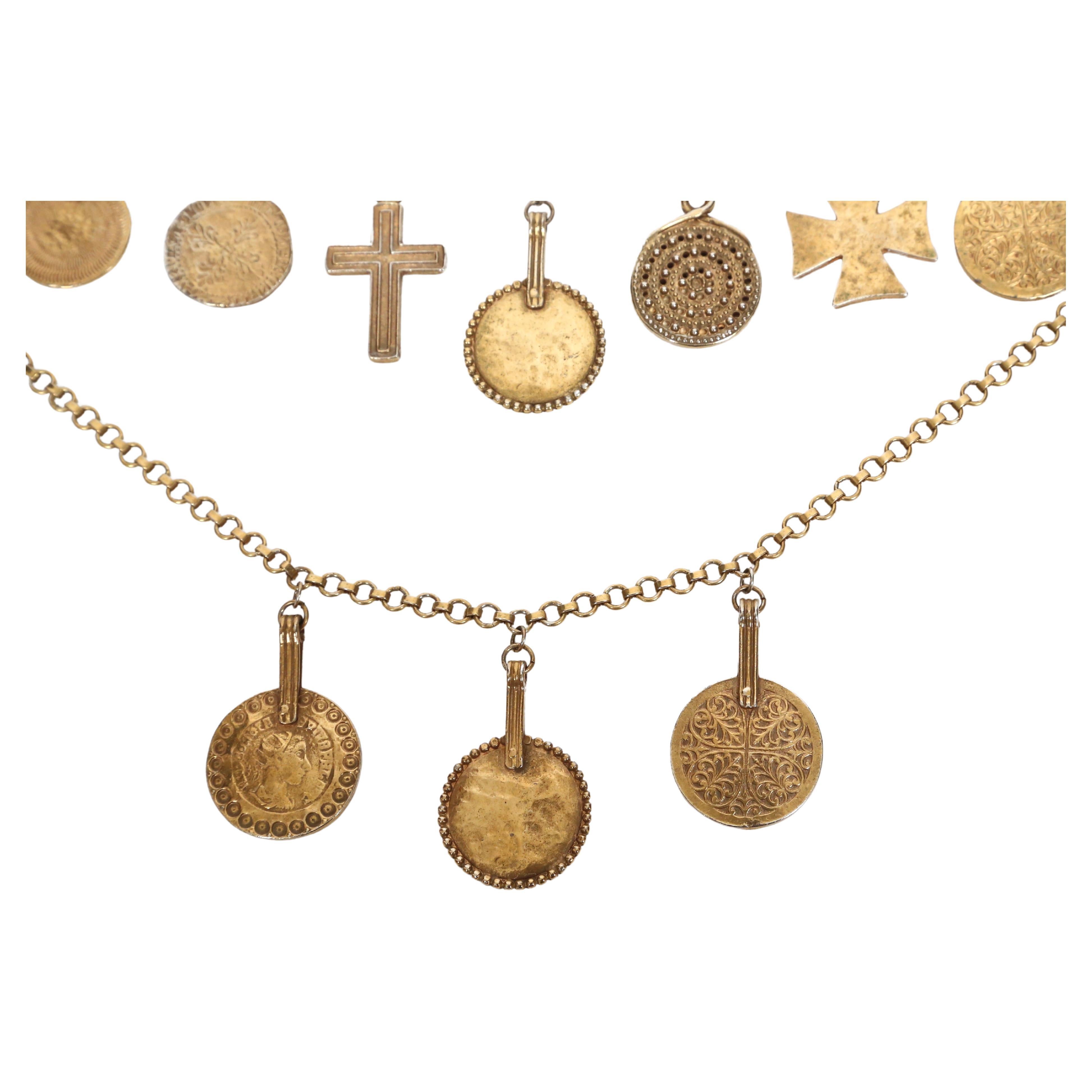 rare 1977 YVES SAINT LAURENT gilt coins and crosses charm RUNWAY necklace im Angebot 3