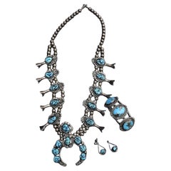 Rare 1978 Navajo Sterling Silver & Turquoise Squash Blossom Set by Gracie Paul