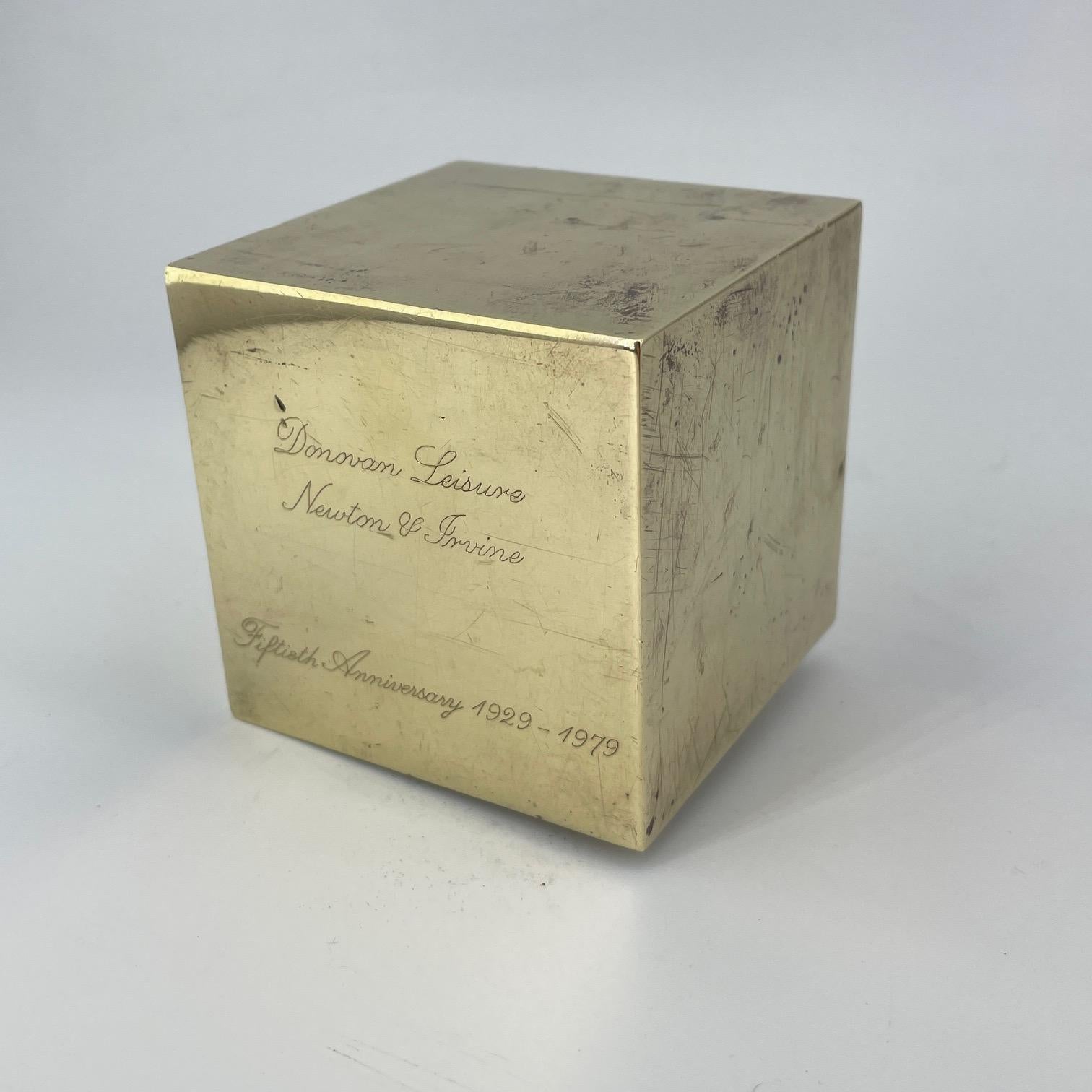 Extremely rare New York City historical relic. A fiftieth anniversary brass cubic monolith commemorative desk sculpture. Issued to monogram; AWS. Approx. 45-60 members of firm a that time, only a handful were issued this paperweight in solid Brass