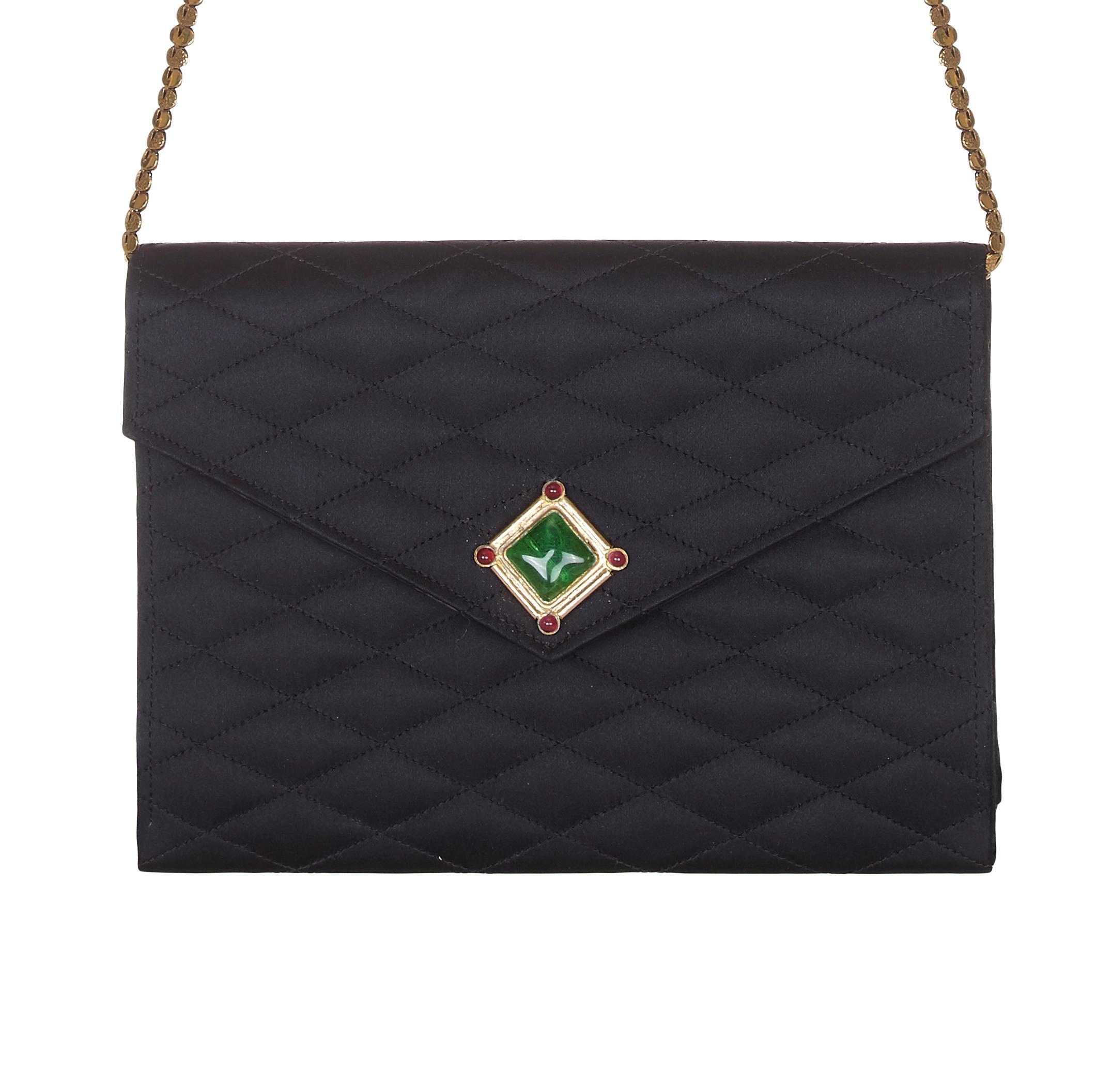 Lovely vintage early 1980s quilted black satin Chanel evening bag with green gripoix glass decoration and gold chain strap.  The strap is long enough to be worn over the shoulder or alternatively it can be tucked inside to use the bag as a clutch. 