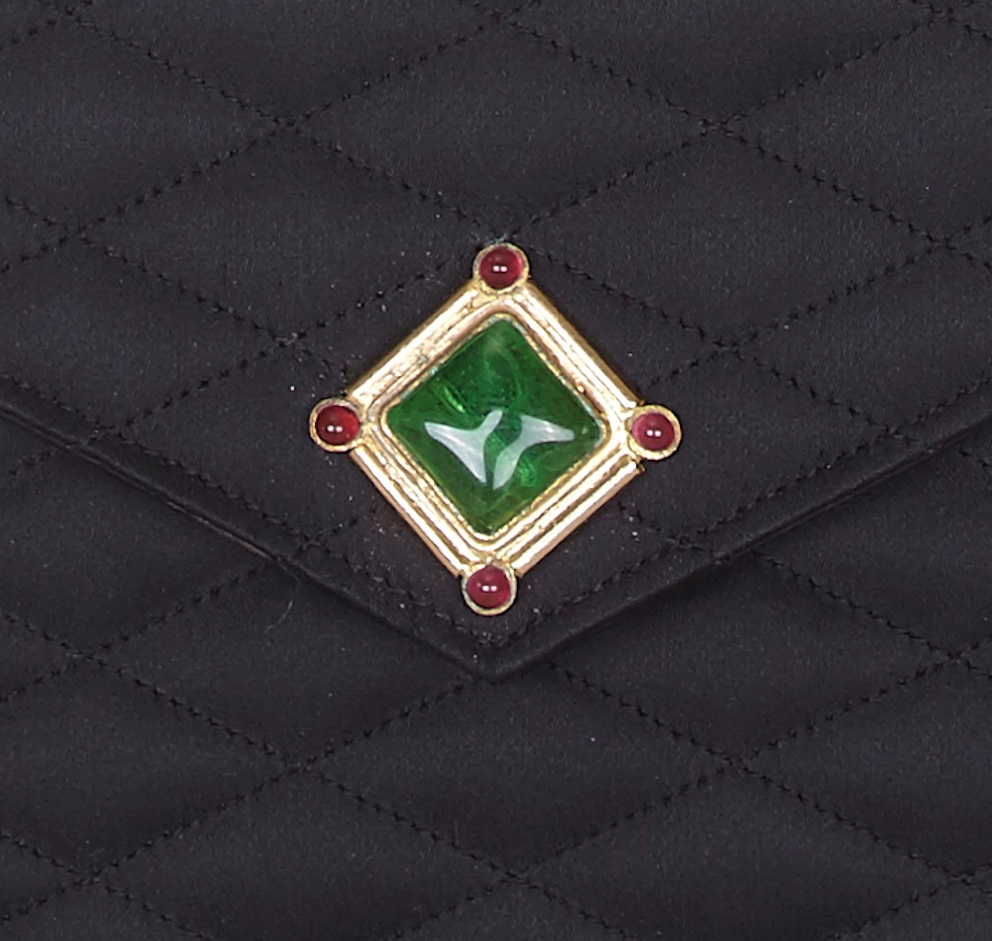 Rare 1980s Chanel Black Satin Green Gripoix Stone Bag 2