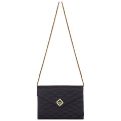Retro Rare 1980s Chanel Black Satin Green Gripoix Stone Bag