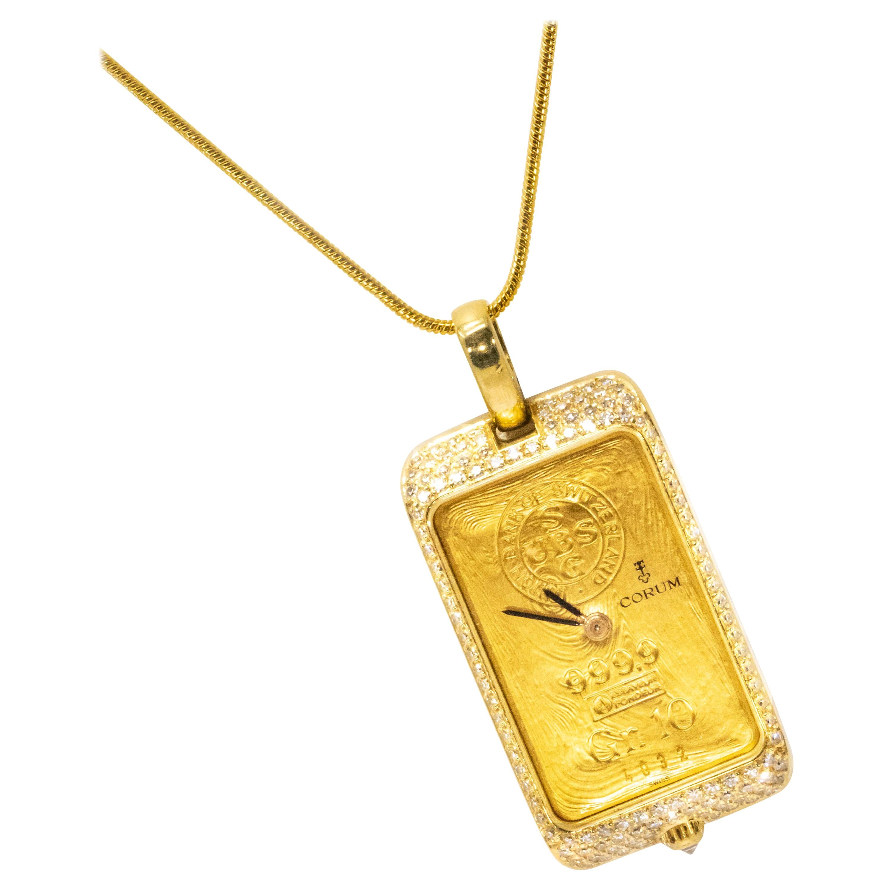 Rare 1980s Corum Ingot "Ubs 24Kt 10gram Gold Bar" Motif Diamond Pendant Watch