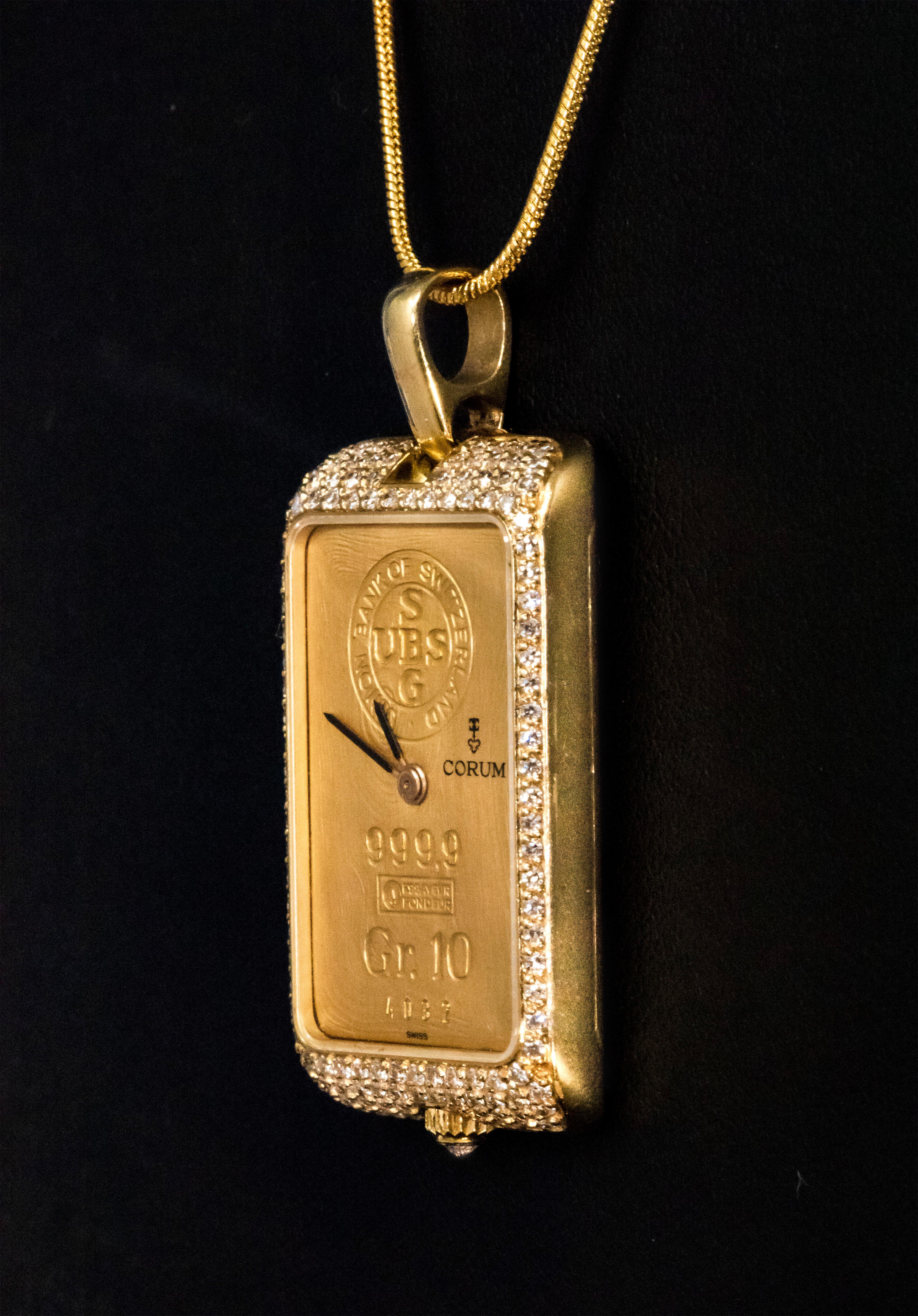 Seltene 1980er Jahre Corum UBS 24 Karat 10gram Gold Bar-Uhr mit Diamant-Anhänger im Angebot 4