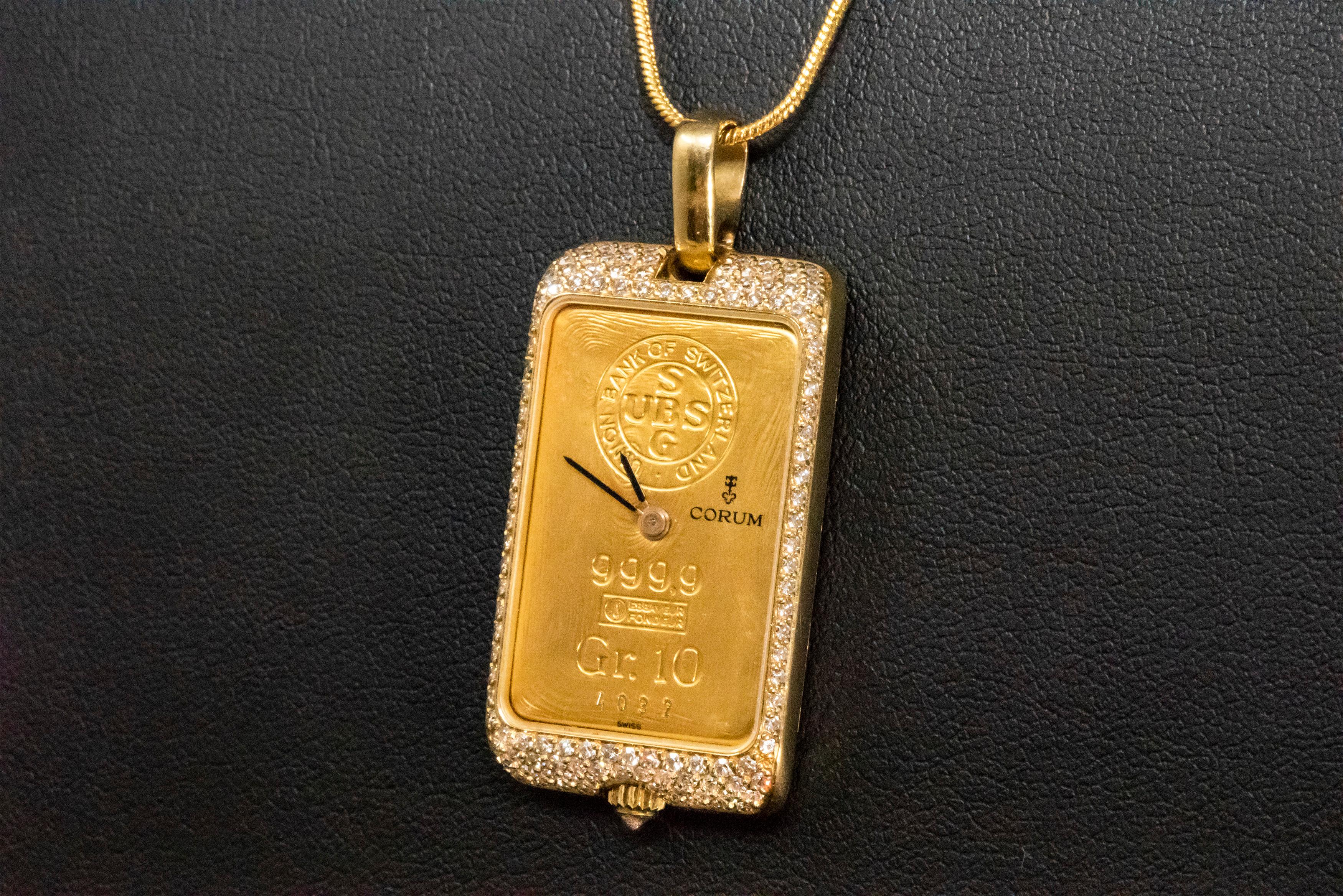 Seltene 1980er Jahre Corum UBS 24 Karat 10gram Gold Bar-Uhr mit Diamant-Anhänger im Angebot 5