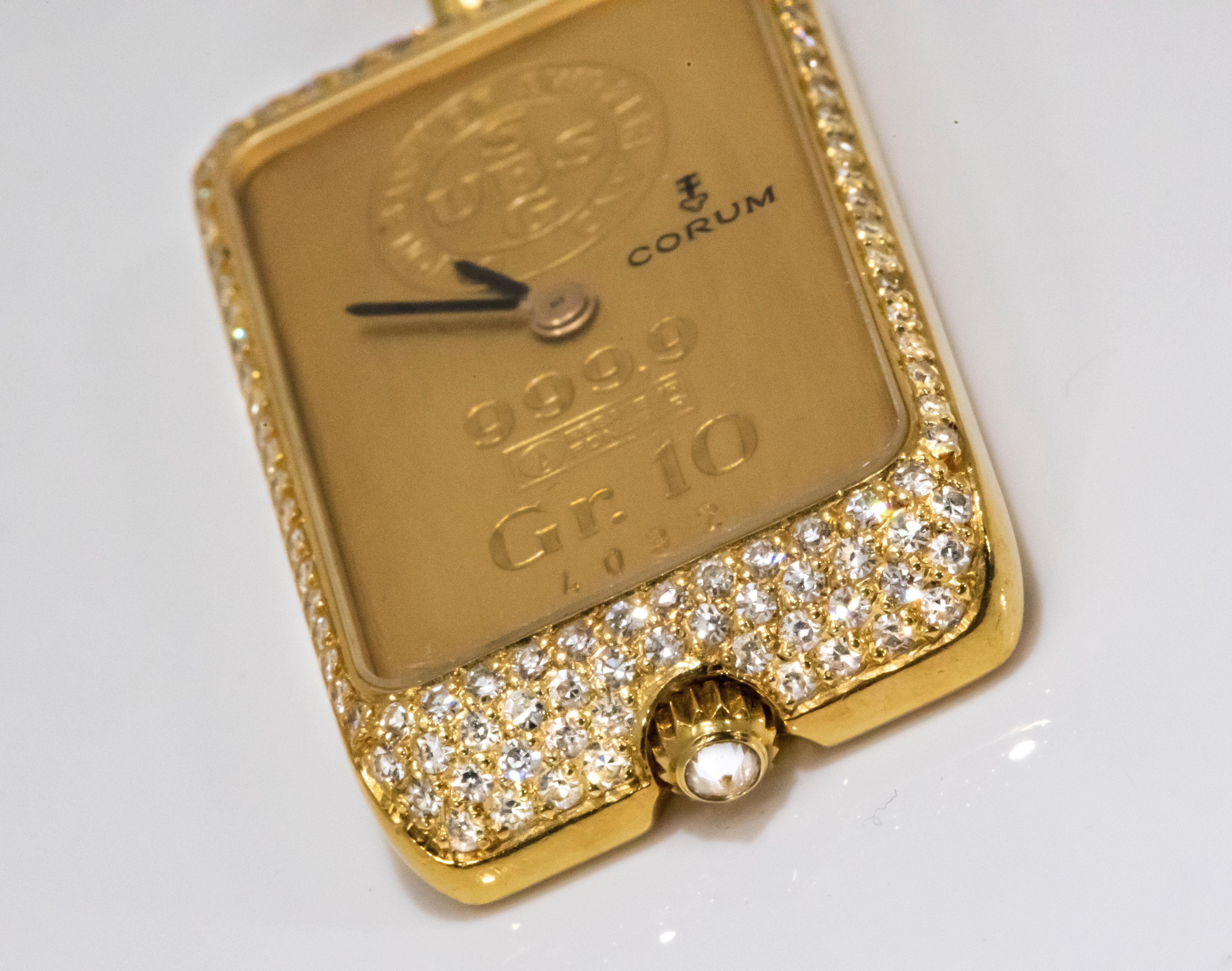 Seltene 1980er Jahre Corum UBS 24 Karat 10gram Gold Bar-Uhr mit Diamant-Anhänger (Zeitgenössisch) im Angebot