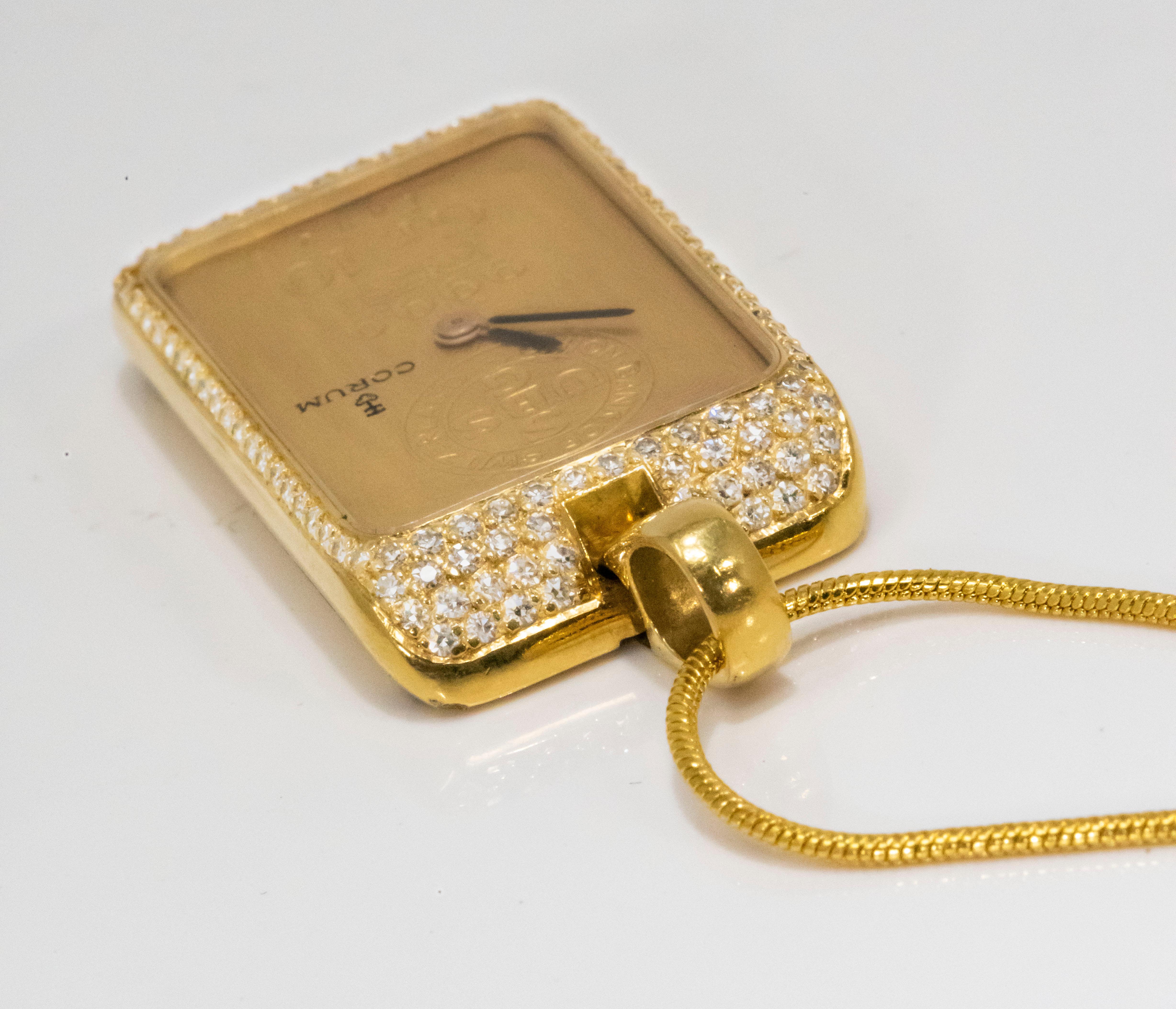 Seltene 1980er Jahre Corum UBS 24 Karat 10gram Gold Bar-Uhr mit Diamant-Anhänger im Zustand „Hervorragend“ im Angebot in New york, NY