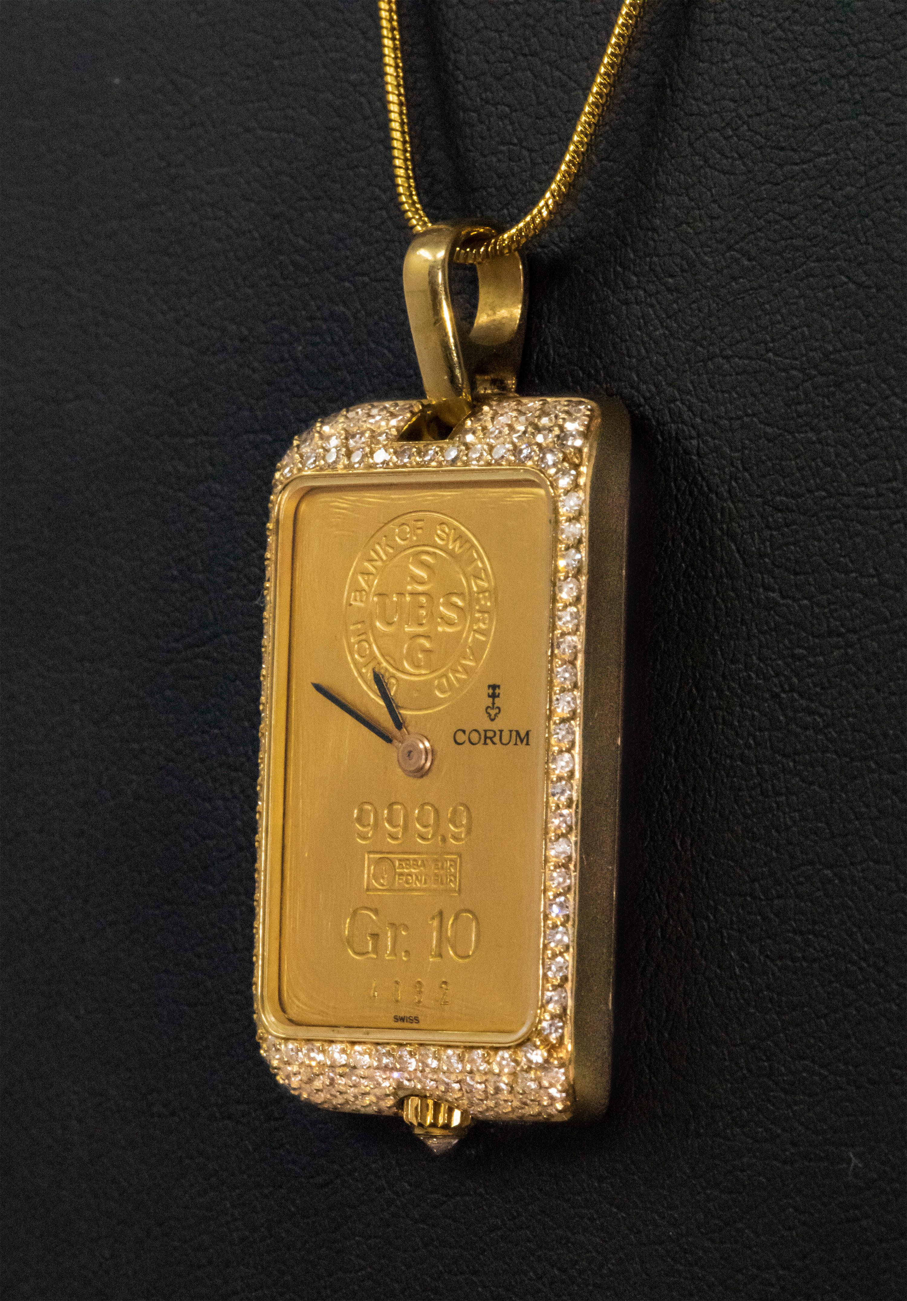 Seltene 1980er Jahre Corum UBS 24 Karat 10gram Gold Bar-Uhr mit Diamant-Anhänger für Damen oder Herren im Angebot