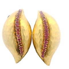 Rare 1980's  Forza Italian 18K Hammered Gold & Ruby Sculptural Earrings, Signed