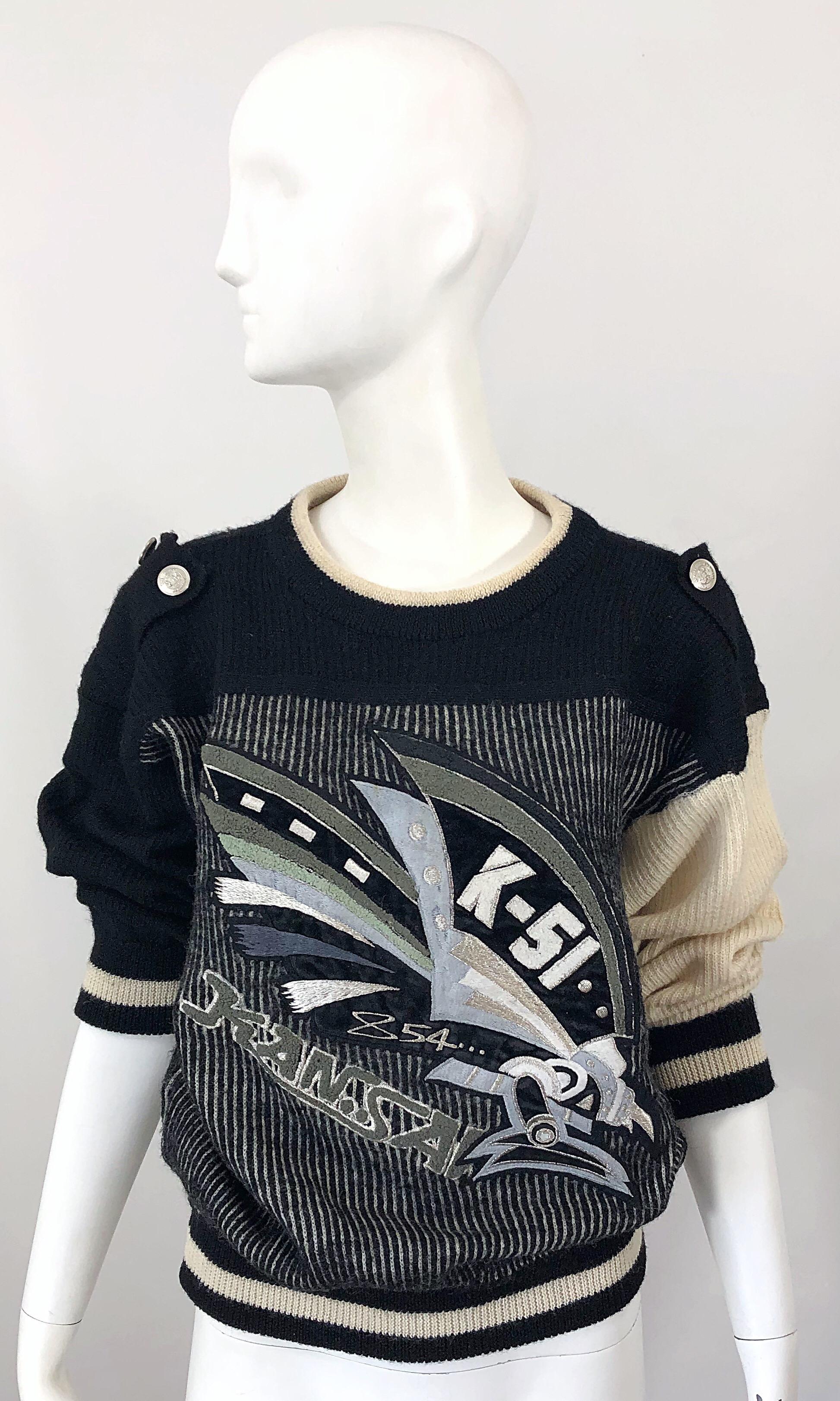 Black Rare 1980s Kansai Yamamoto Avant Garde Varsity Collegiate Wool Vintage Sweater For Sale