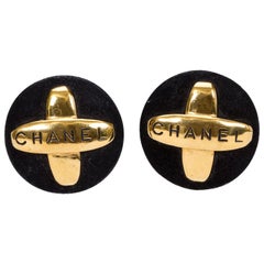 RARE 1980's Oversize Chanel Black Suede & Gold Logo earrings