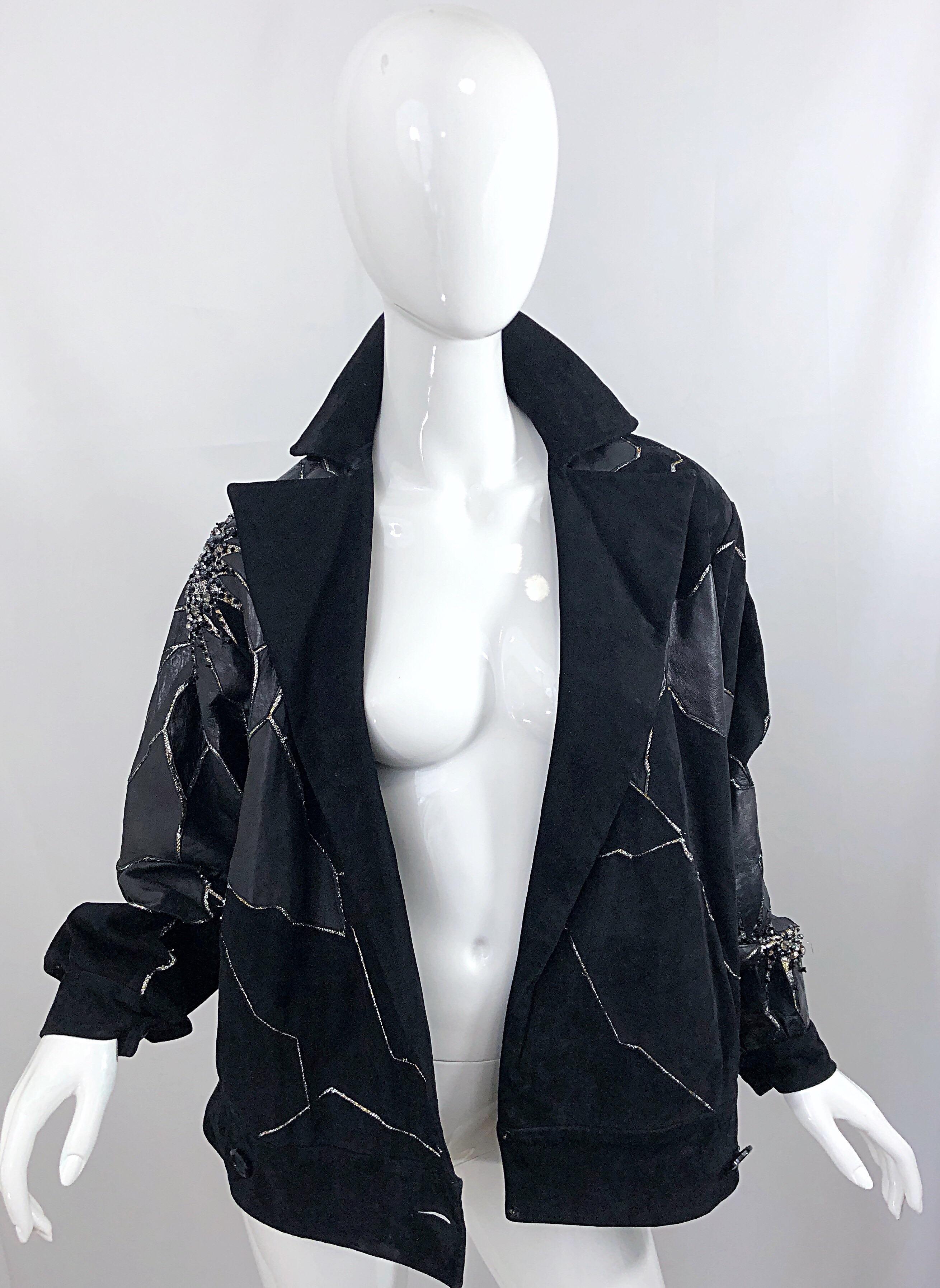 Rare 1980s Paul Louis Orrier Black Leather Suede Beaded Vintage Bomber Jacket 7