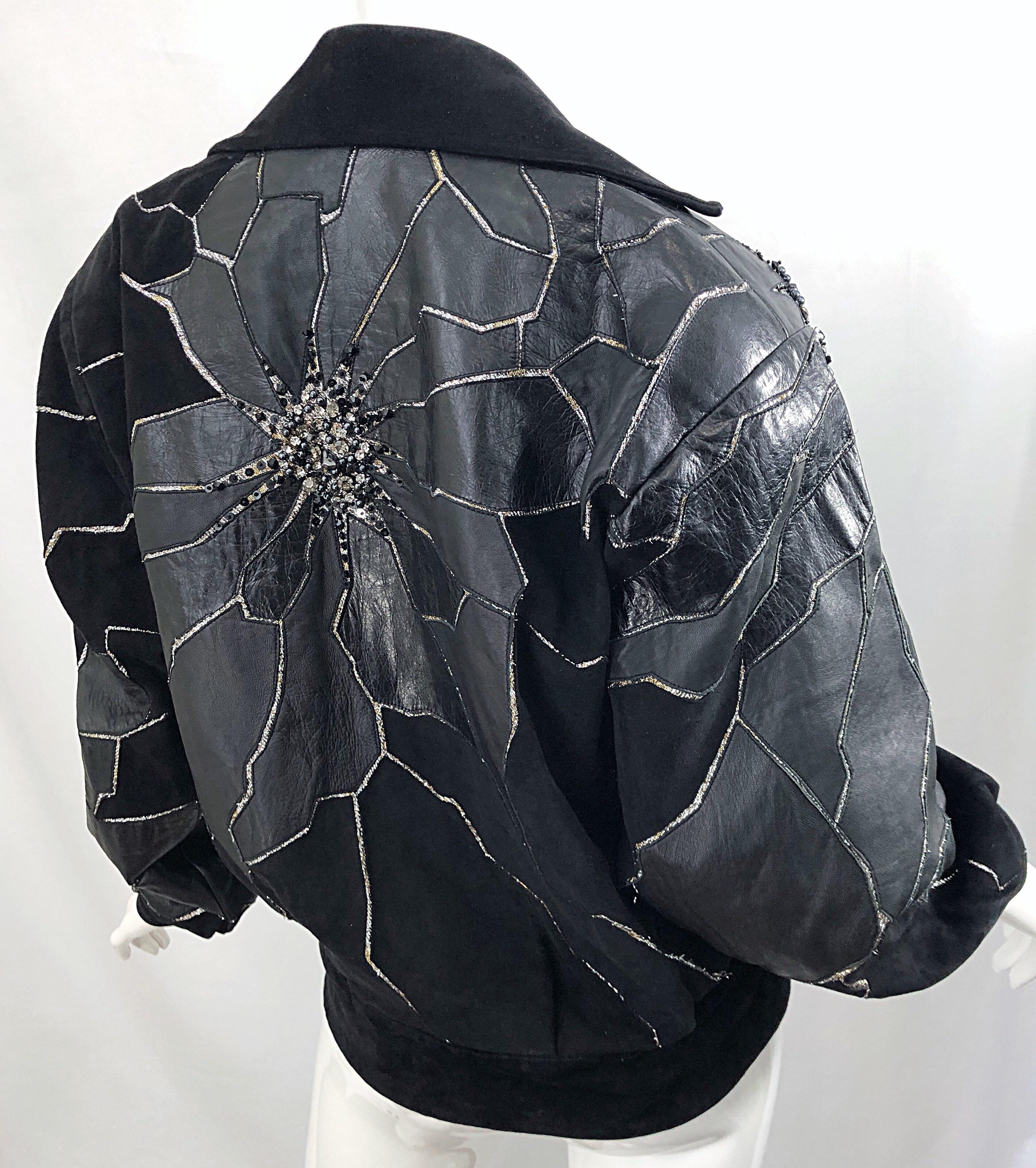 Rare 1980s Paul Louis Orrier Black Leather Suede Beaded Vintage Bomber Jacket 8