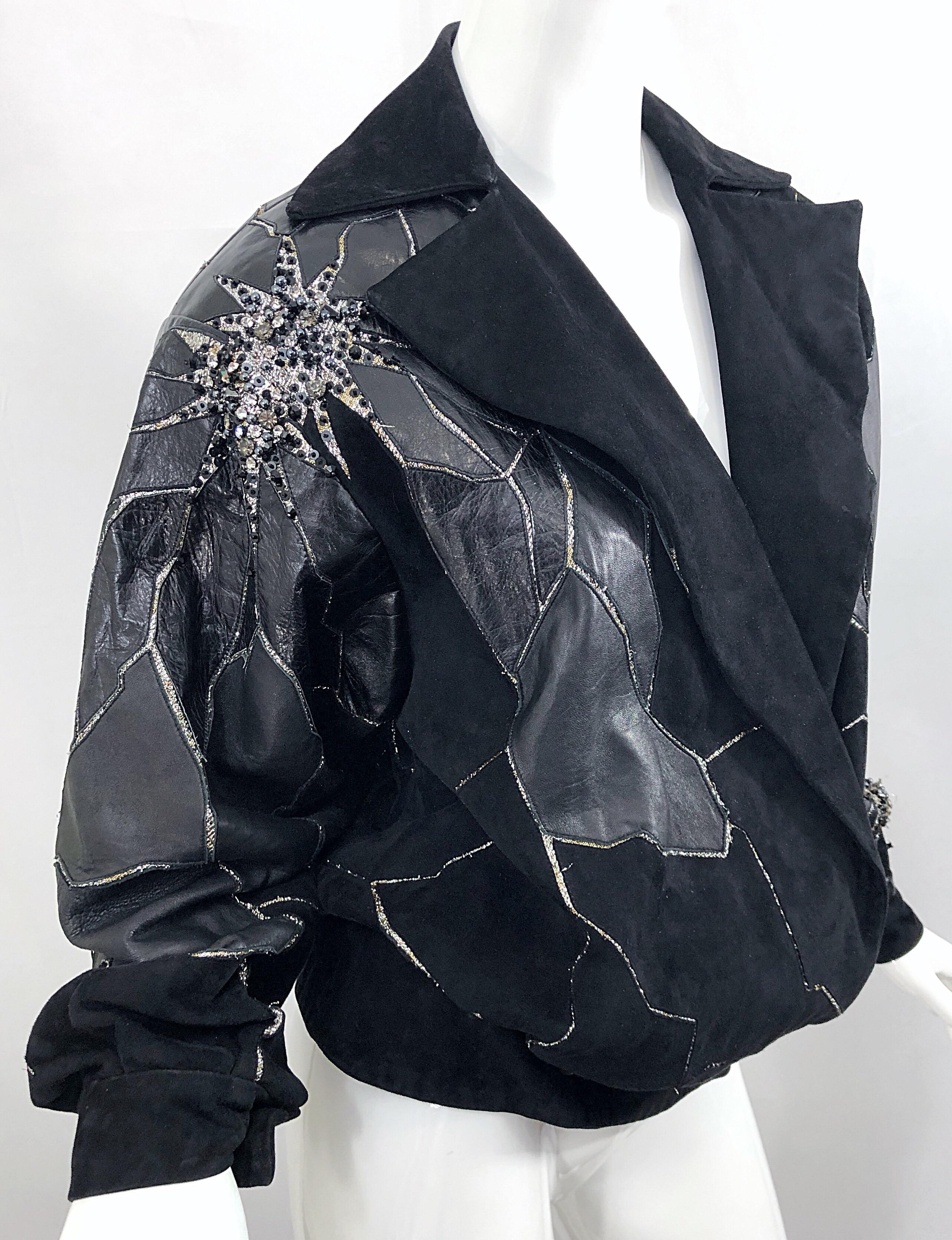 Rare 1980s Paul Louis Orrier Black Leather Suede Beaded Vintage Bomber Jacket 9