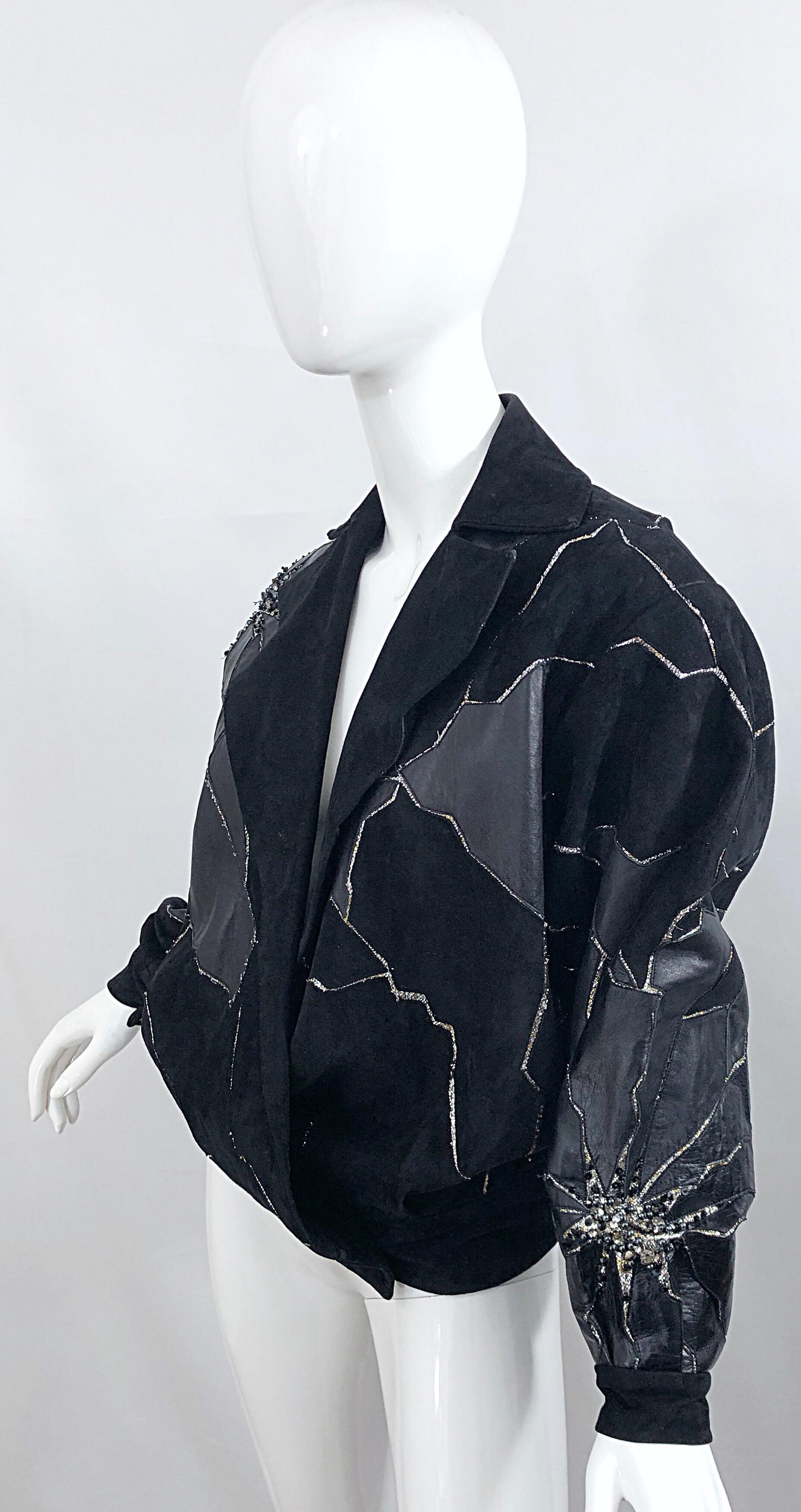 Rare 1980s Paul Louis Orrier Black Leather Suede Beaded Vintage Bomber Jacket 10