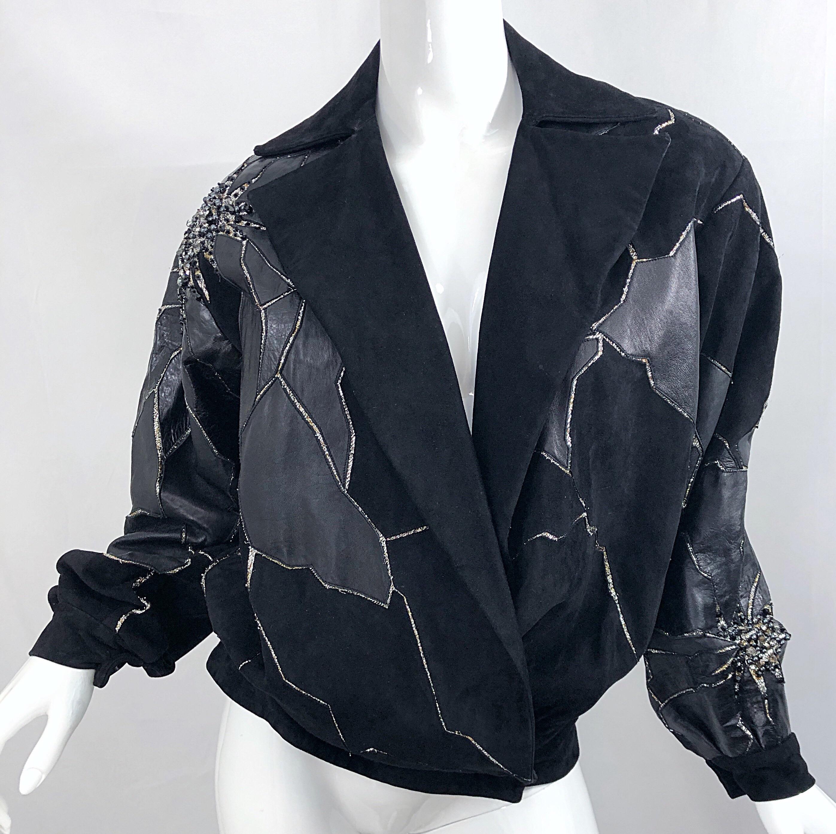 Rare 1980s Paul Louis Orrier Black Leather Suede Beaded Vintage Bomber Jacket 11