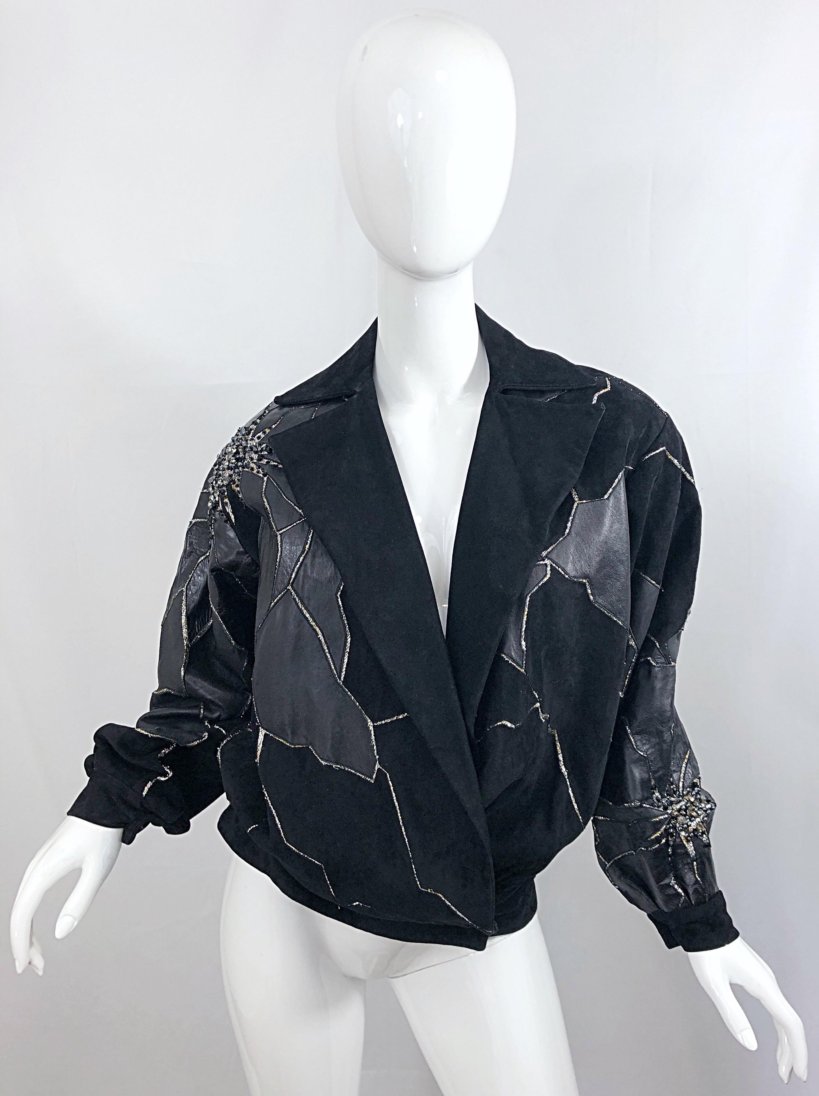 Rare 1980s Paul Louis Orrier Black Leather Suede Beaded Vintage Bomber Jacket 13