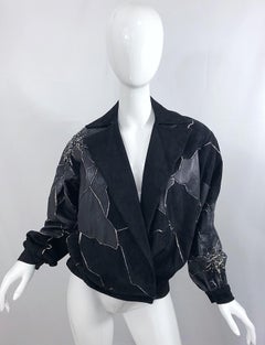 Rare 1980s Paul Louis Orrier Black Leather Suede Beaded Vintage Bomber Jacket
