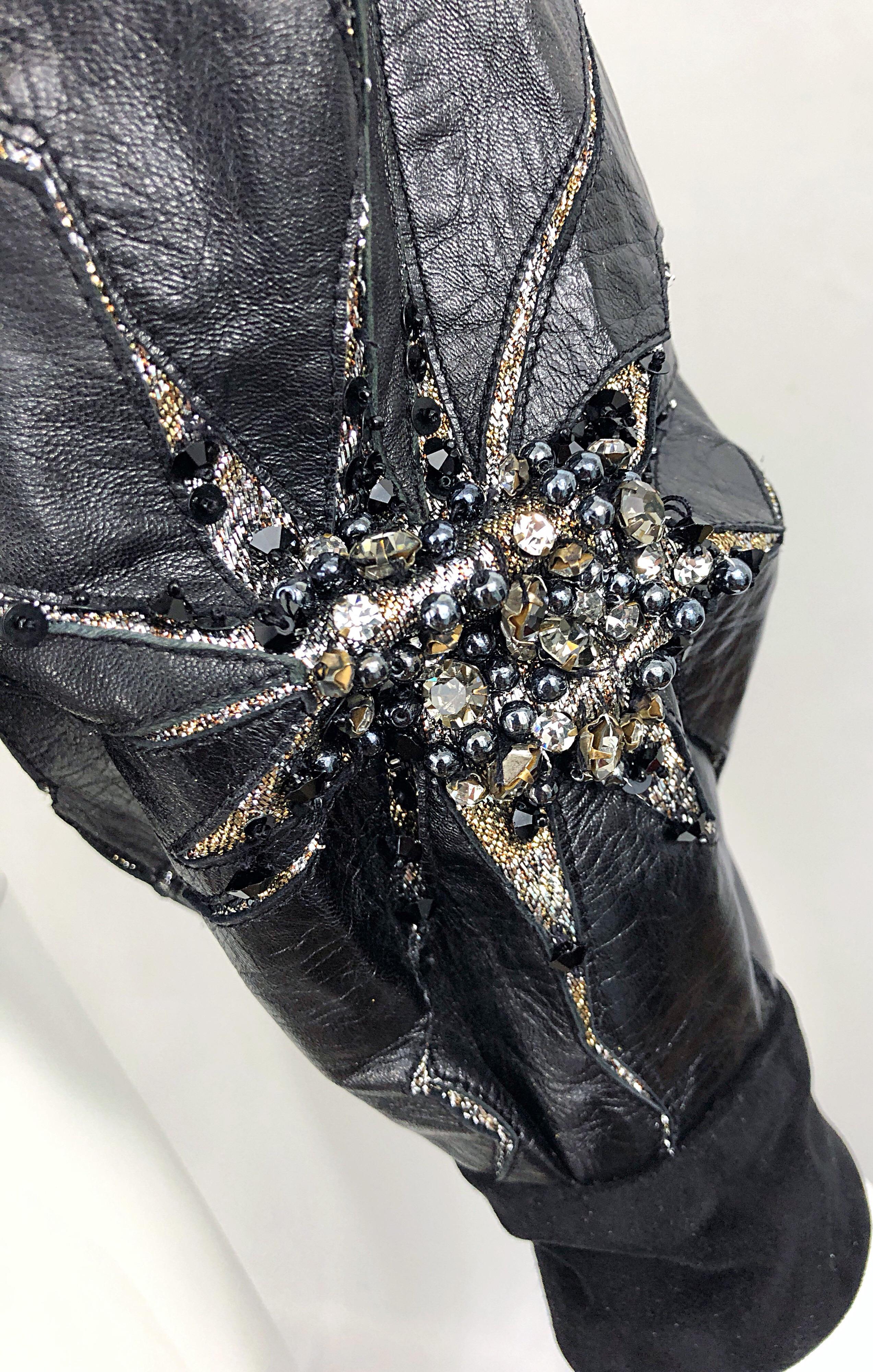 Rare 1980s Paul Louis Orrier Black Leather Suede Beaded Vintage Bomber Jacket In Excellent Condition In San Diego, CA