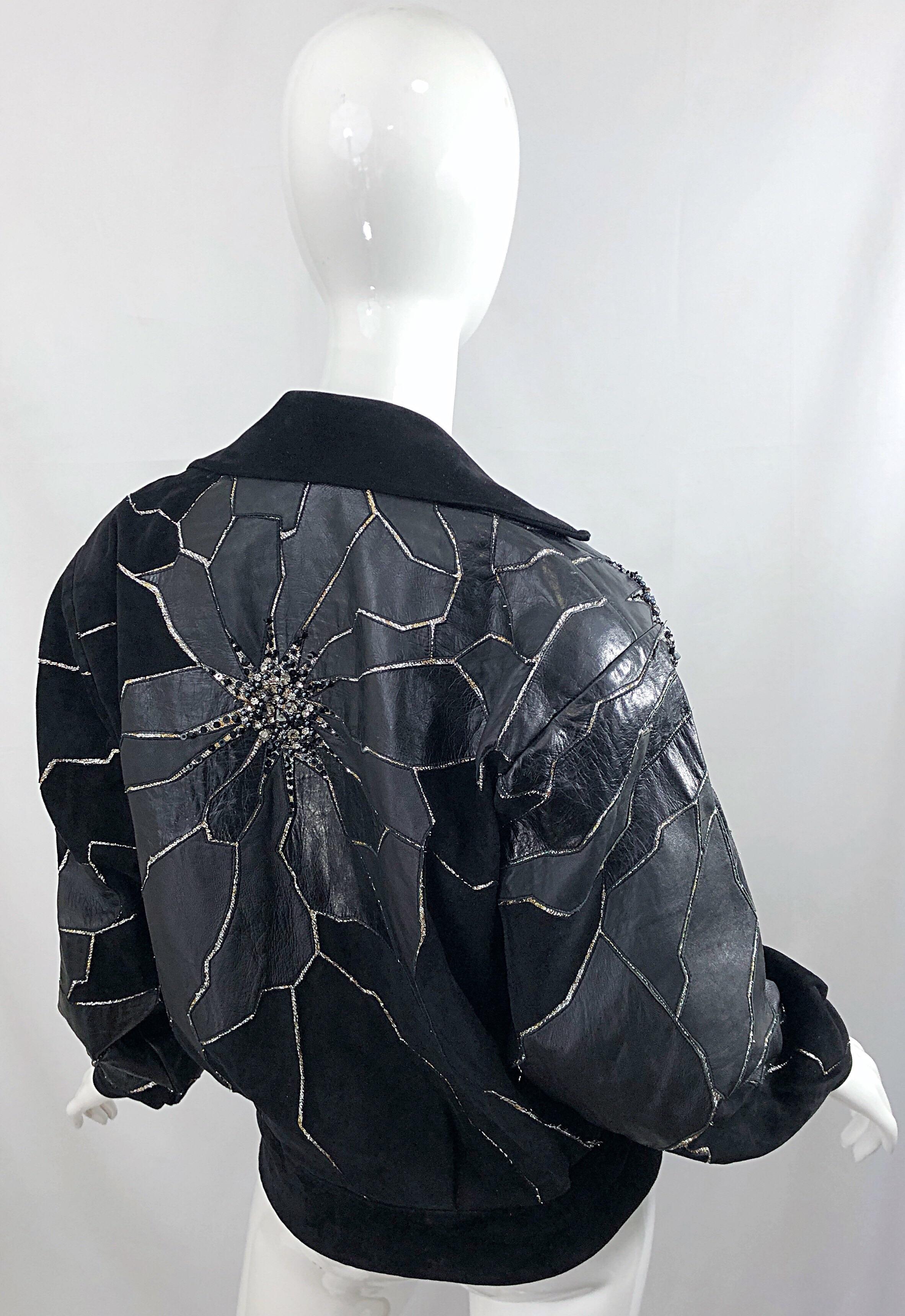 Rare 1980s Paul Louis Orrier Black Leather Suede Beaded Vintage Bomber Jacket 1
