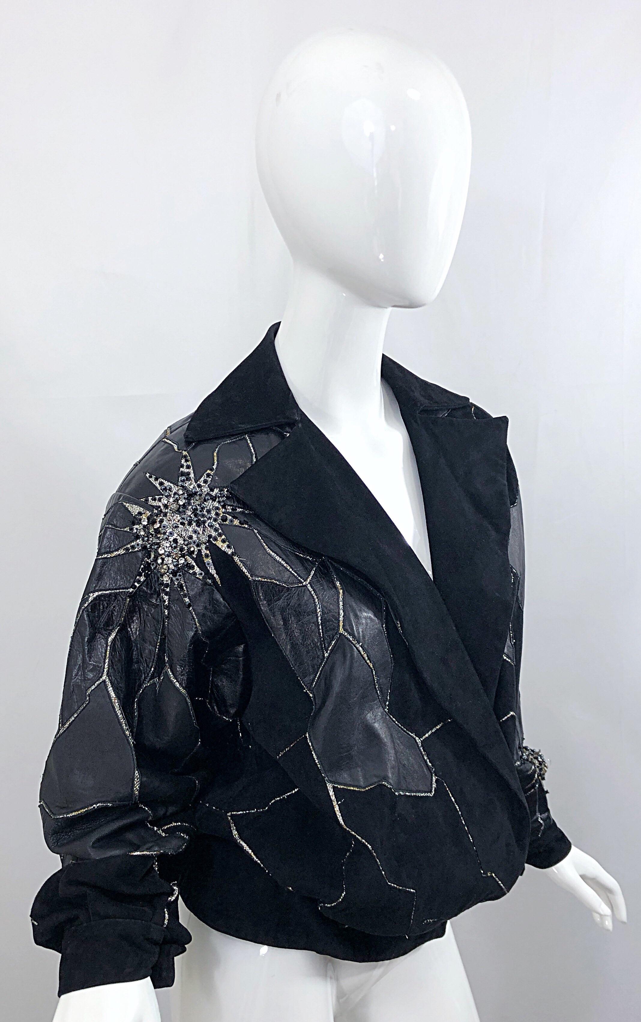 Rare 1980s Paul Louis Orrier Black Leather Suede Beaded Vintage Bomber Jacket 3
