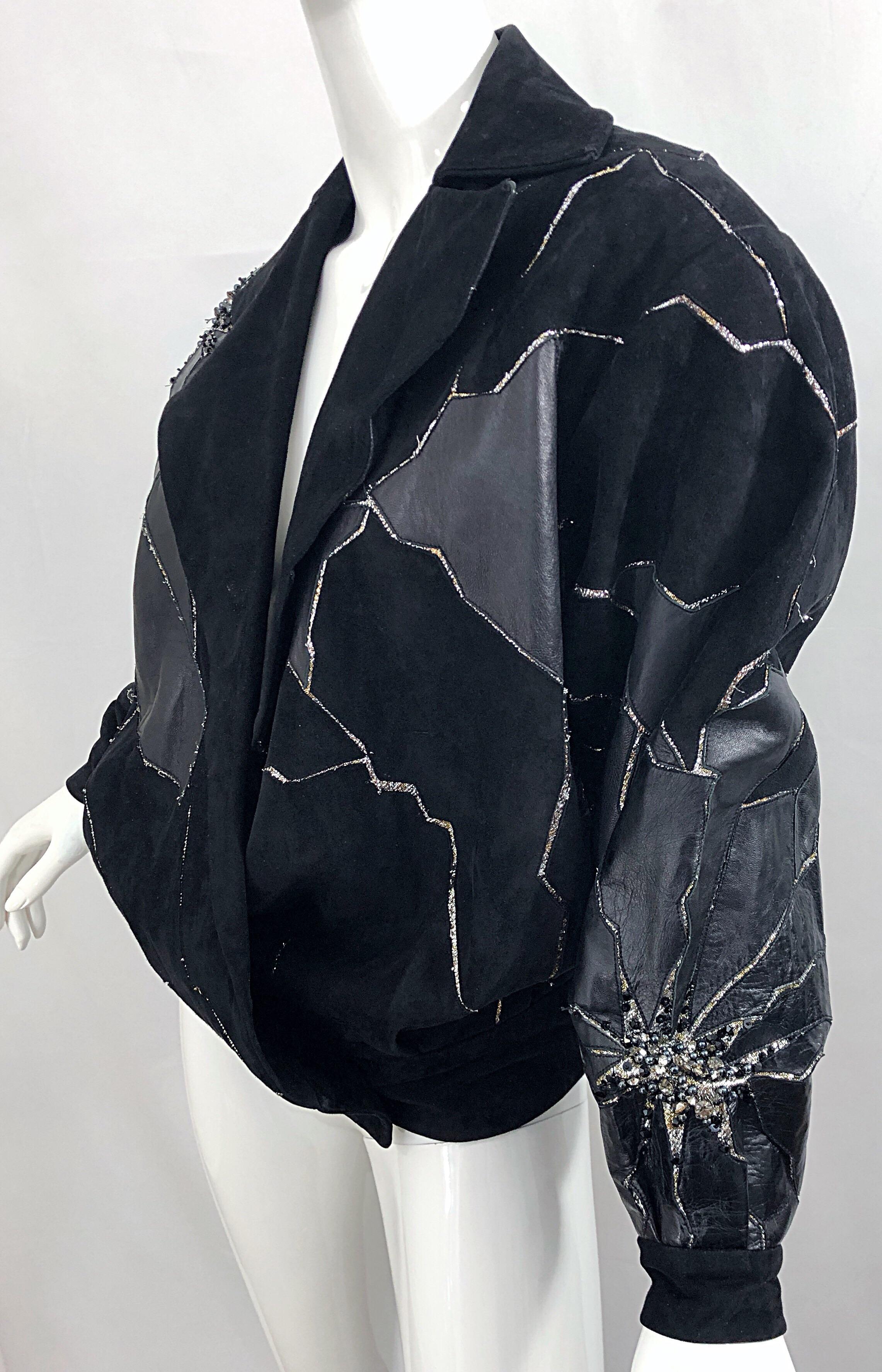 Rare 1980s Paul Louis Orrier Black Leather Suede Beaded Vintage Bomber Jacket 4