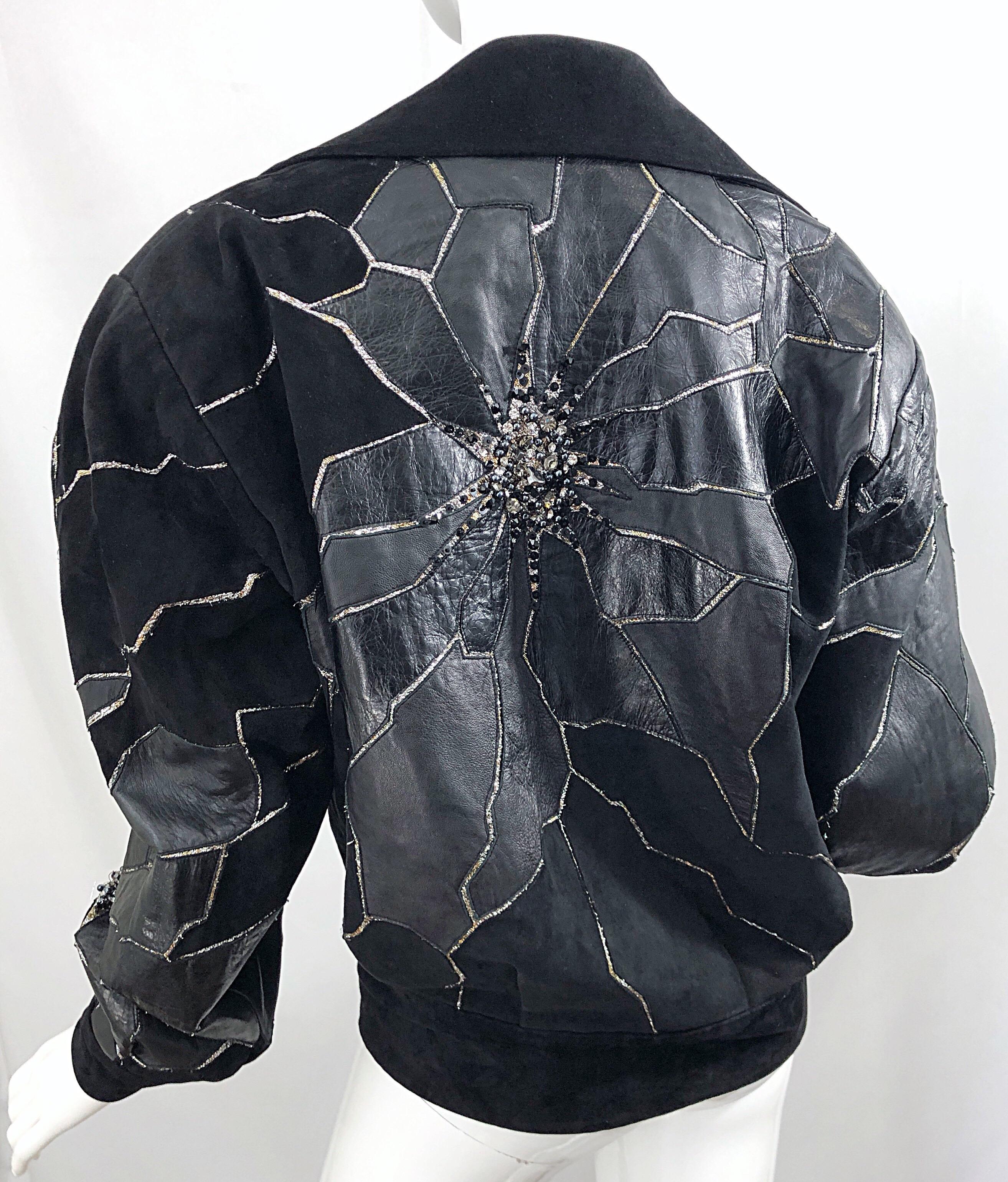 Rare 1980s Paul Louis Orrier Black Leather Suede Beaded Vintage Bomber Jacket 5