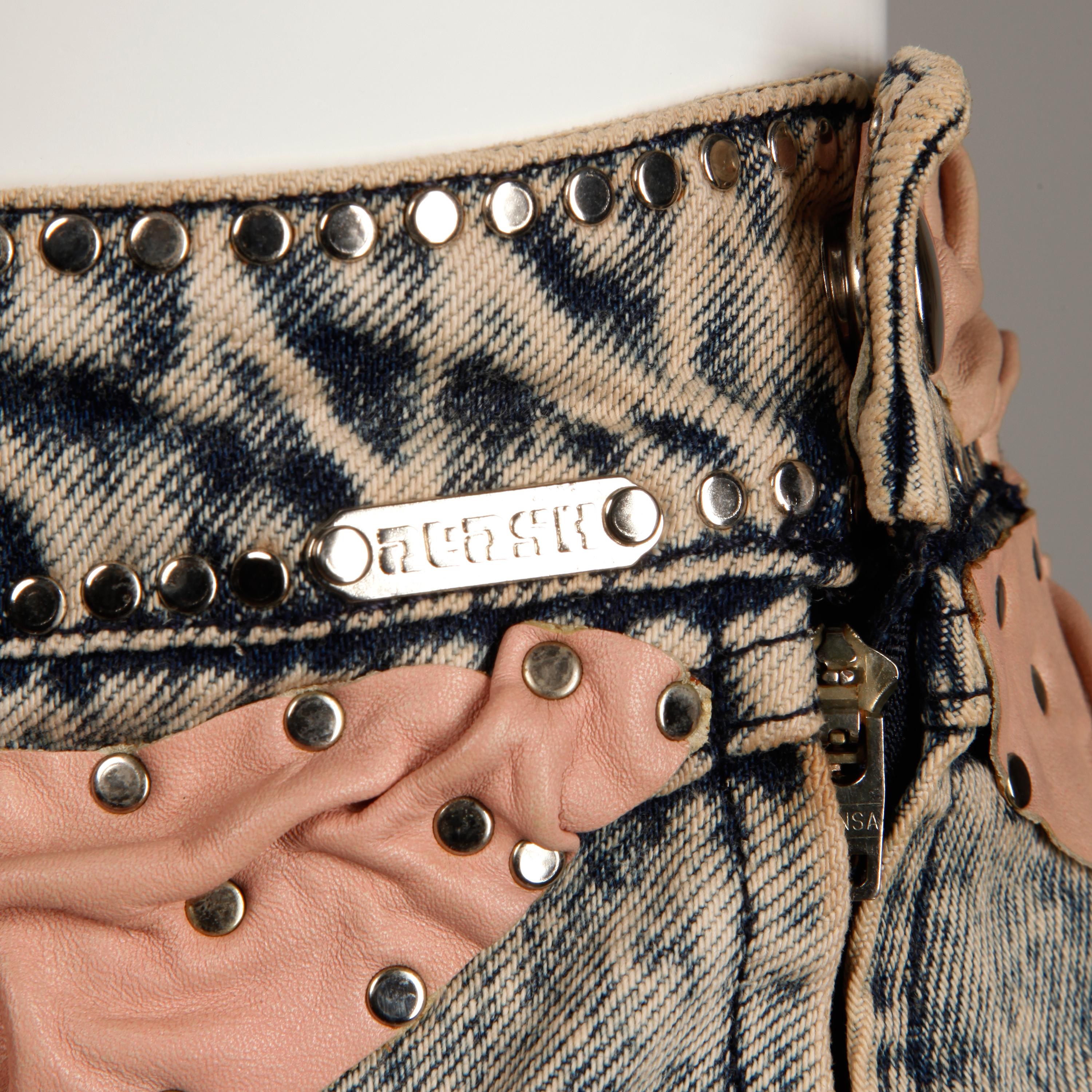 Rare 1980s Vintage Fringe Leather Acid Washed Denim Jean Jacket + Skirt Ensemble For Sale 2