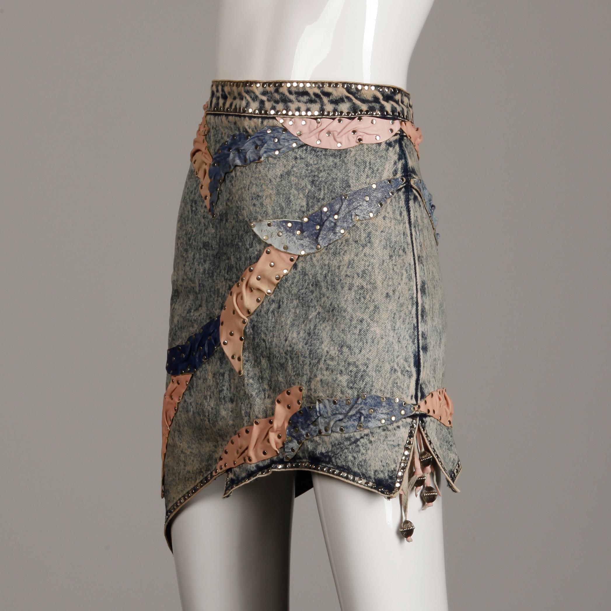 Rare 1980s Vintage Fringe Leather Acid Washed Denim Jean Jacket + Skirt Ensemble For Sale 3