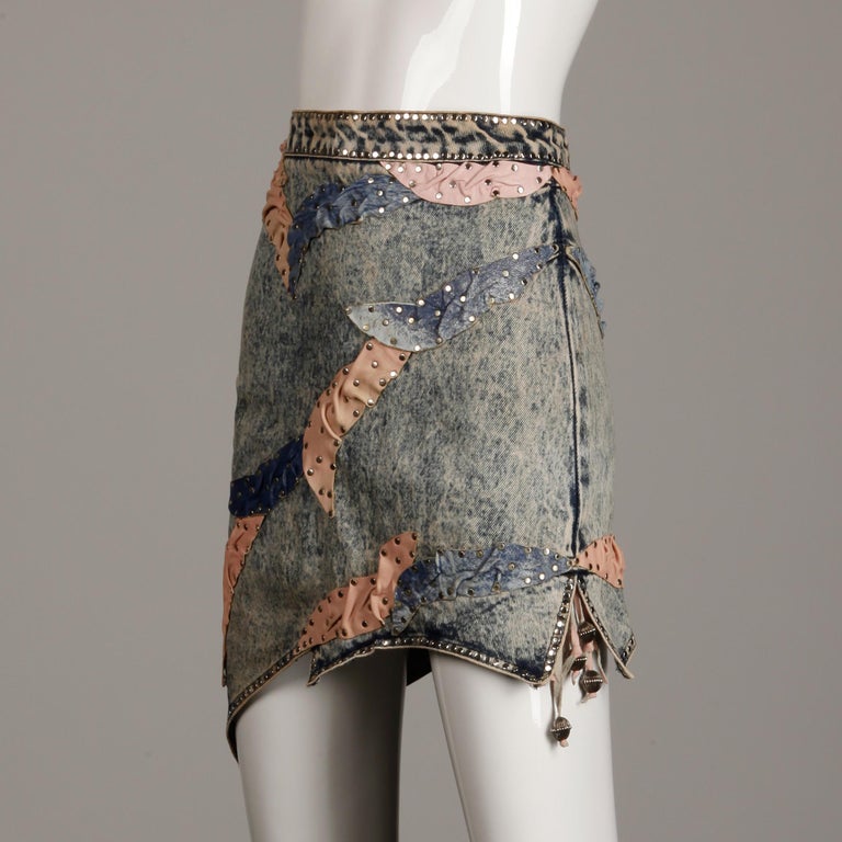 Rare 1980s Vintage Fringe Leather Acid Washed Denim Jean Jacket + Skirt Ensemble For Sale 6