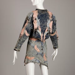 Rare 1980s Vintage Fringe Leather Acid Washed Denim Jean Jacket + Skirt Ensemble