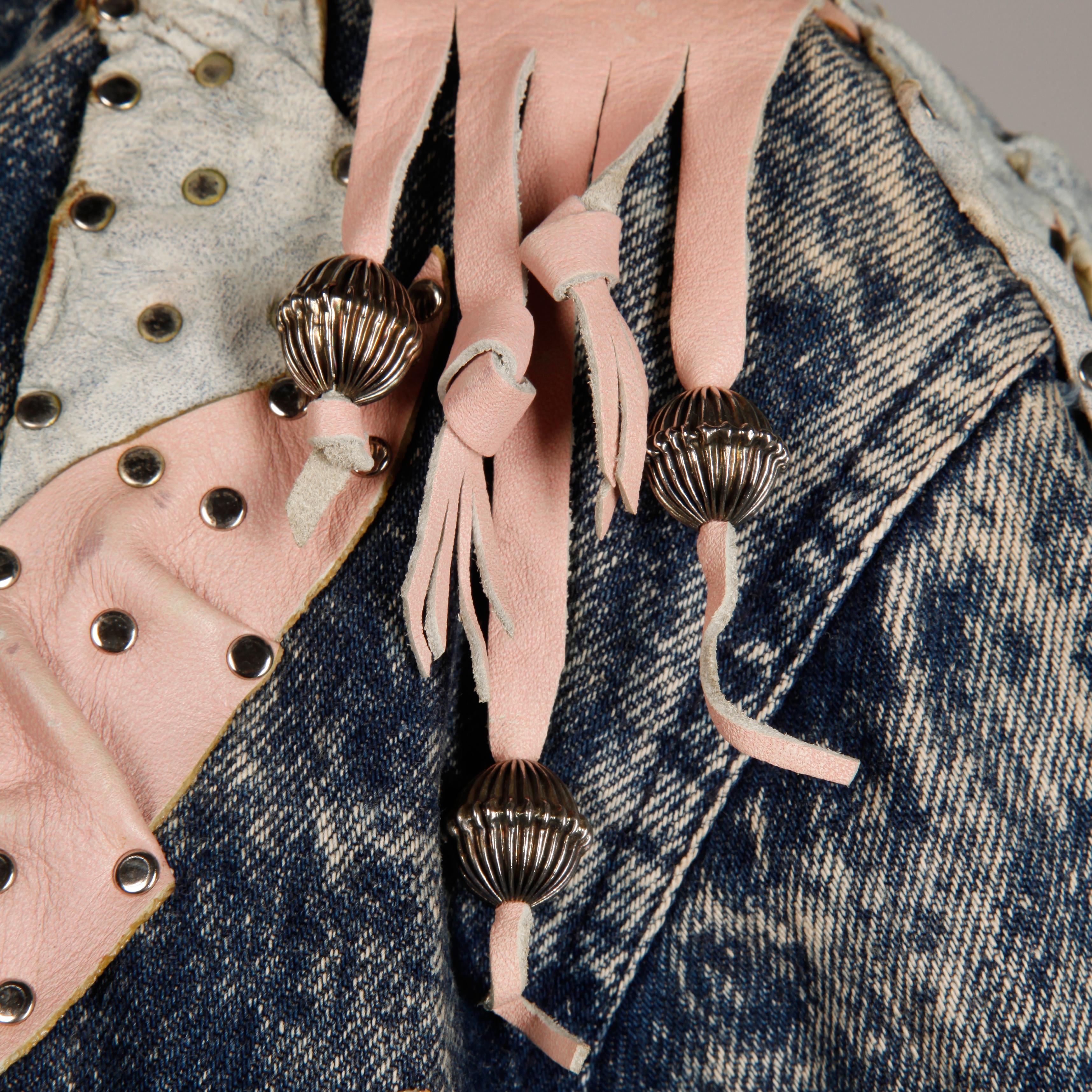 Rare ensemble veste et jupe vintage en jean à franges en cuir lavé à l'acide, années 1980 Excellent état - En vente à Sparks, NV