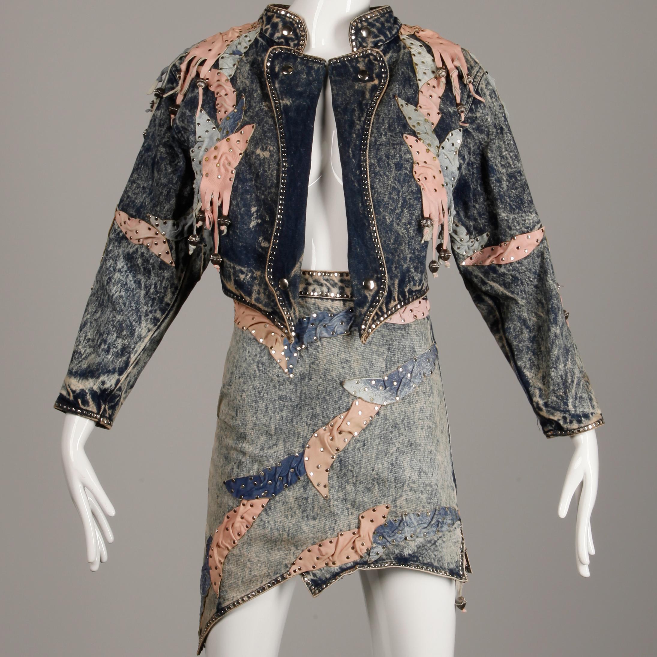 Rare ensemble veste et jupe vintage en jean à franges en cuir lavé à l'acide, années 1980 Pour femmes en vente