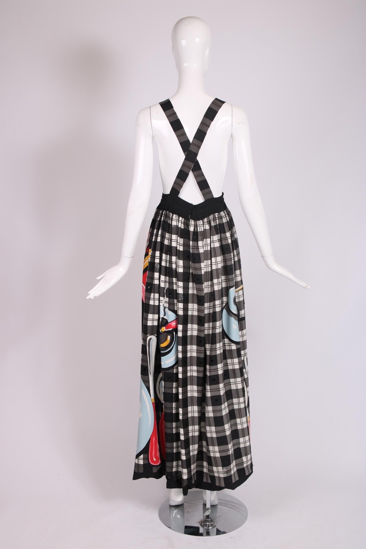 Women's Rare 1982 S/S Michaele Vollbracht Bacon & Eggs Print Checked Pinafore Dress For Sale