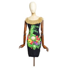 Rare 1988 Runway Franco Moschino Fruit & Veg Print Raffia Novelty Cocktail Dress