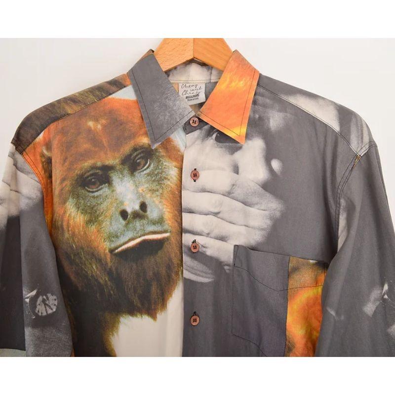 Rare, Archival Vintage 1990's Moschino Monkey & Franco shirt ! This incredible cotton shirt depicts photographic images of Franco Moschino himself alongside an endangered Francois Langur Monkey. 

MADE IN ITALY !

Features:
Central line button