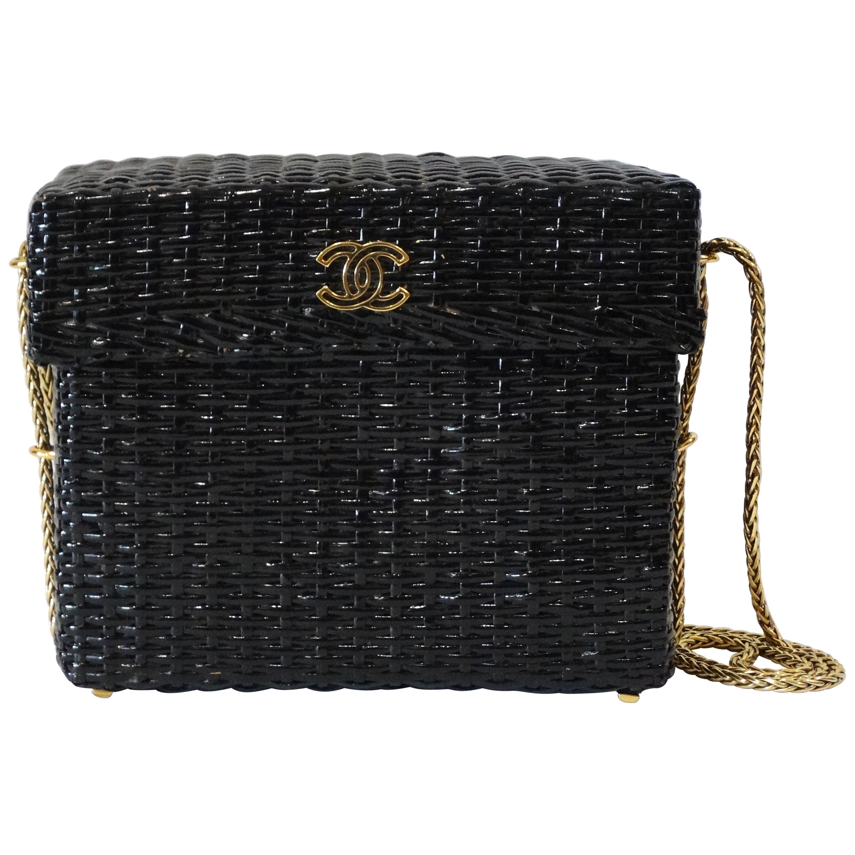 Rare 1990s Chanel Black Woven Rattan Basket Bag