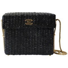 Retro Rare 1990s Chanel Black Woven Rattan Basket Bag