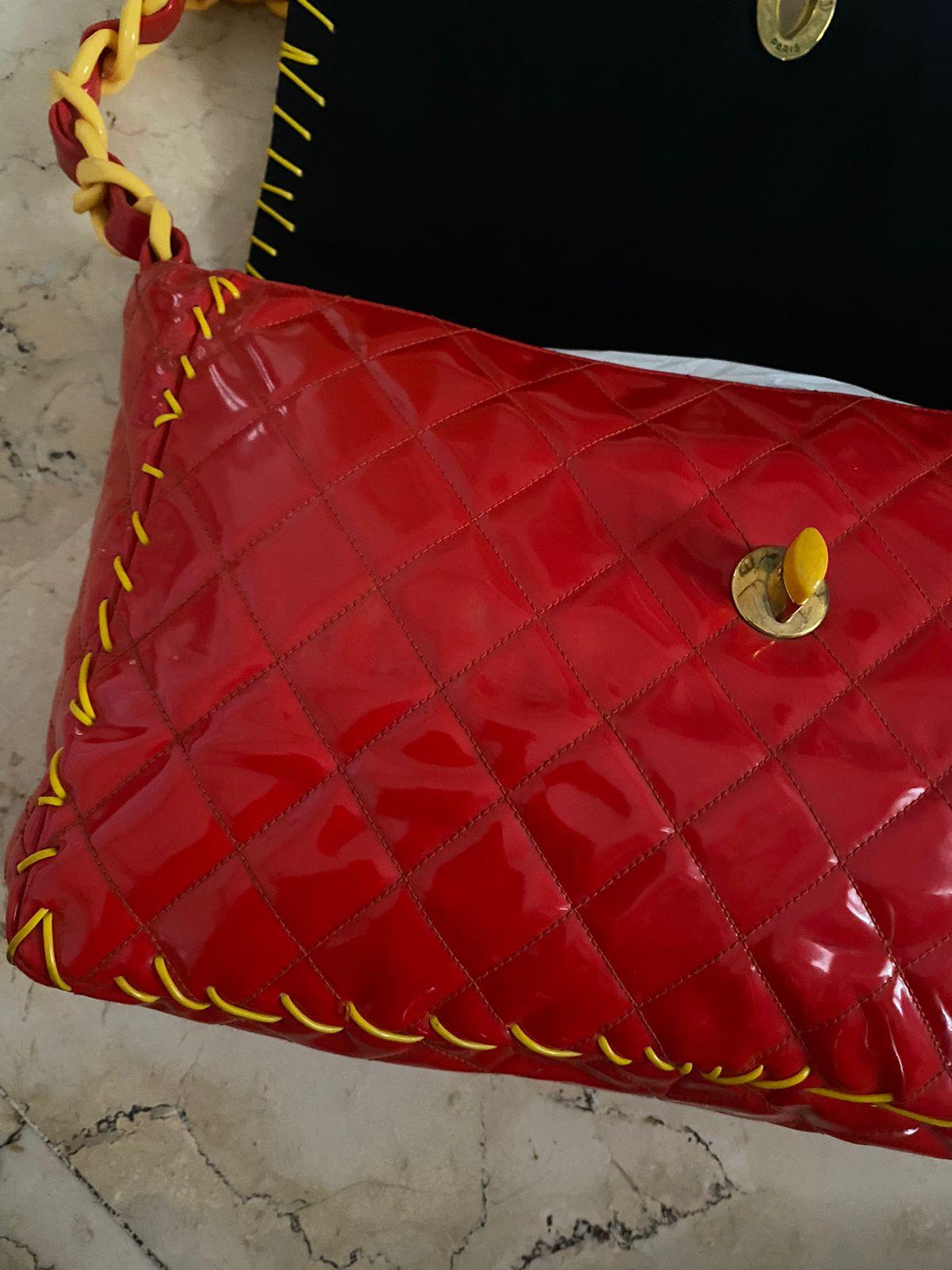 Rare 1990s Chanel Red Vinyl Maxi Whipstitch Flap Bag 7