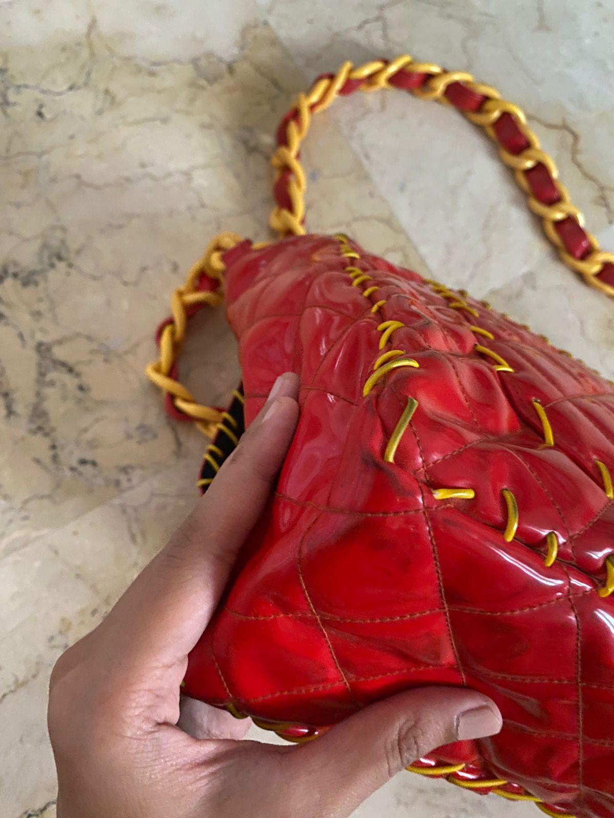 Rare 1990s Chanel Red Vinyl Maxi Whipstitch Flap Bag 8