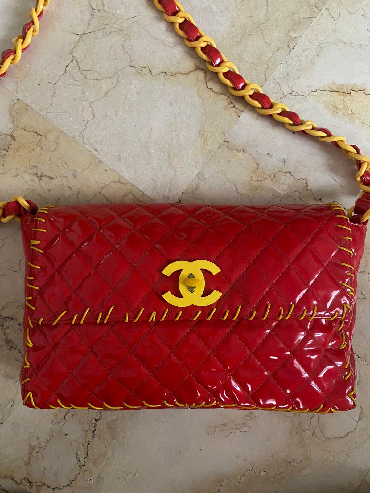 Rare 1990s Chanel Red Vinyl Maxi Whipstitch Flap Bag 12