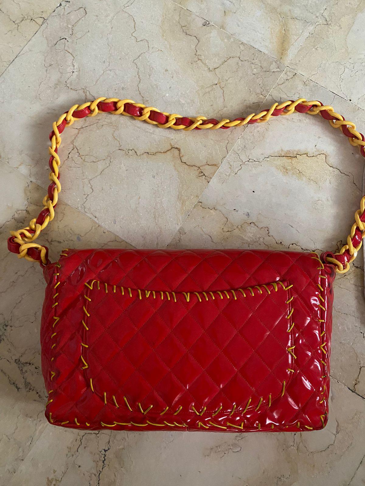 Rare 1990s Chanel Red Vinyl Maxi Whipstitch Flap Bag In Fair Condition In Jakarta, Daerah Khusus Ibukota Jakarta