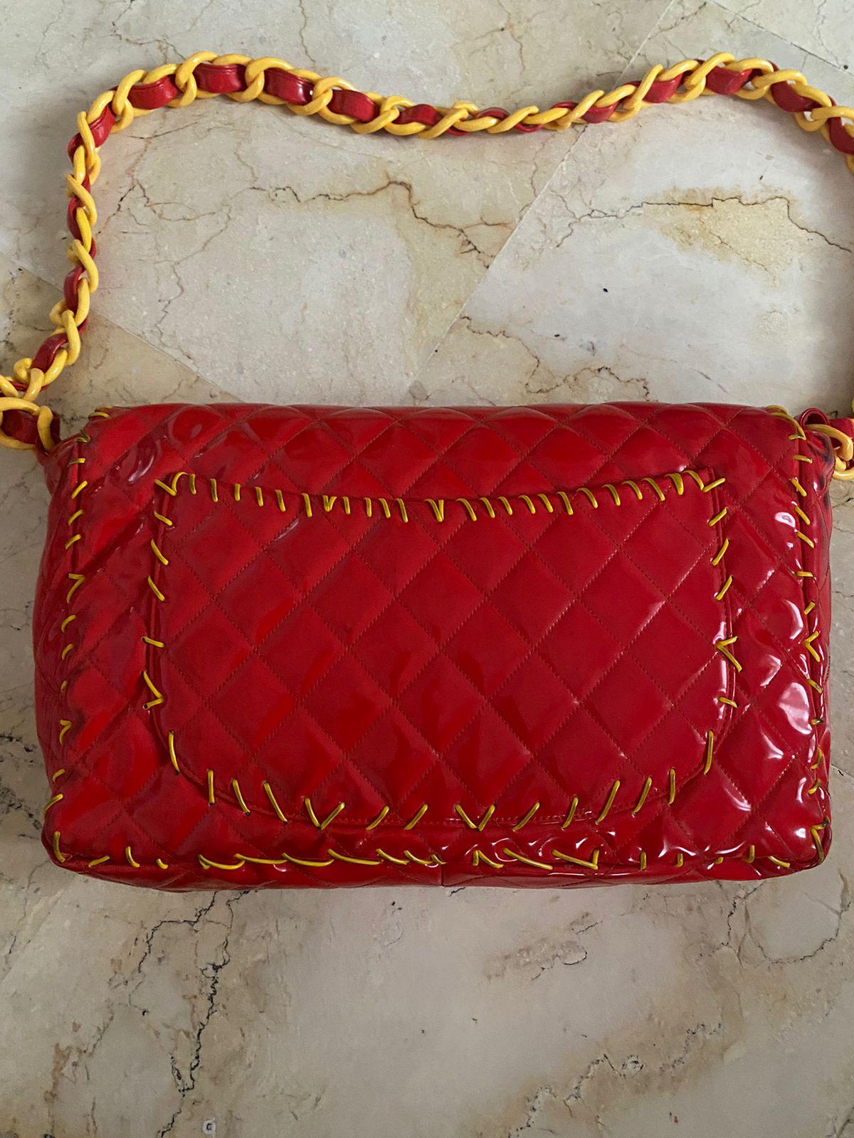 Rare 1990s Chanel Red Vinyl Maxi Whipstitch Flap Bag 2