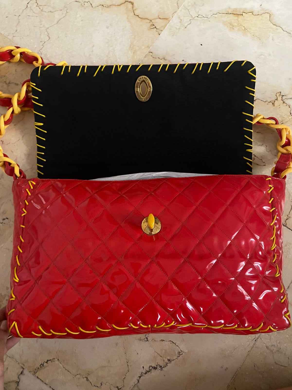 Rare 1990s Chanel Red Vinyl Maxi Whipstitch Flap Bag 5