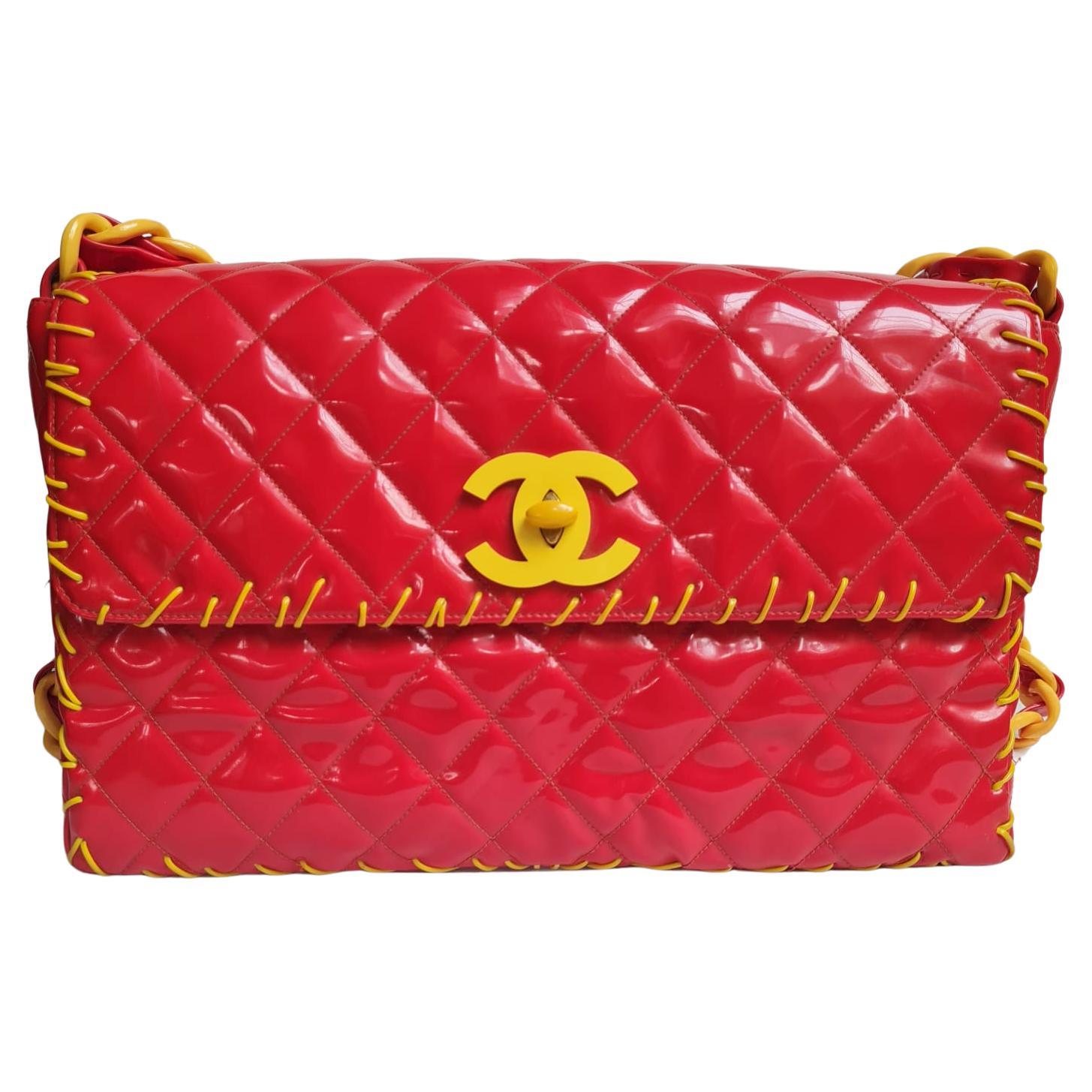 Rare 1990s Chanel Red Vinyl Maxi Whipstitch Flap Bag