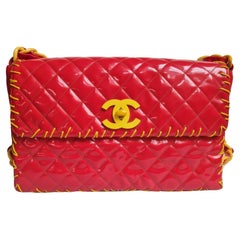Rare 1990s Chanel Red Vinyl Maxi Whipstitch Flap Bag
