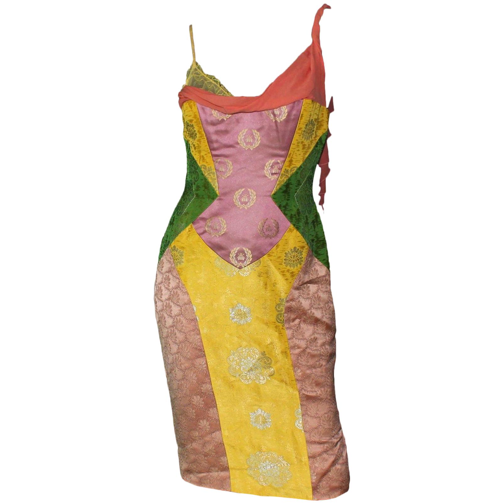 Rare 1990s Gianni Versace Couture Colorblock Jacquard Lace Silk & Lace up Dress