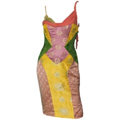 Seltene 1990er Gianni Versace Couture Colorblock Jacquard Spitze Seide & Lace up Kleid