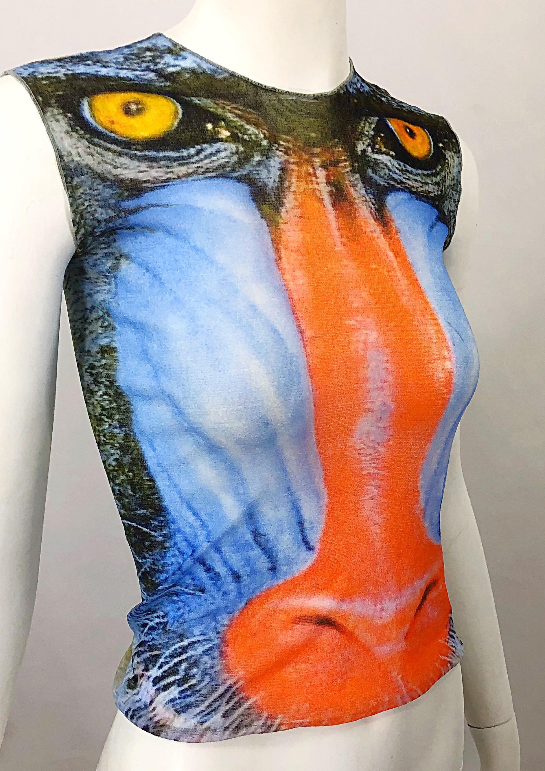 Rare 1990s Krizia Baboon Mandrill Novelty Print Semi Sheer Vintage 90s Crop Top In Good Condition In San Diego, CA