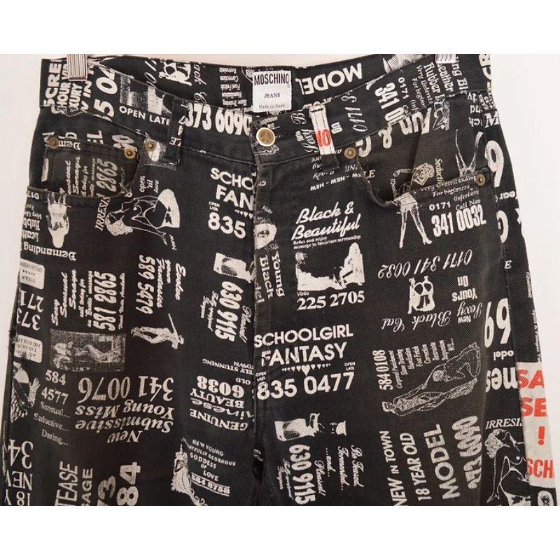Superb Vintage 1990's Moschino 'Safe Sex / Adult Ads' patterned trousers / Jeans in black with white & red coloured print throughout.  

MADE IN ITALY !

Features:
Button fasten
High waisted fit
Rare 'Safe Sex' pattern
Reflective belt loop tag

100%